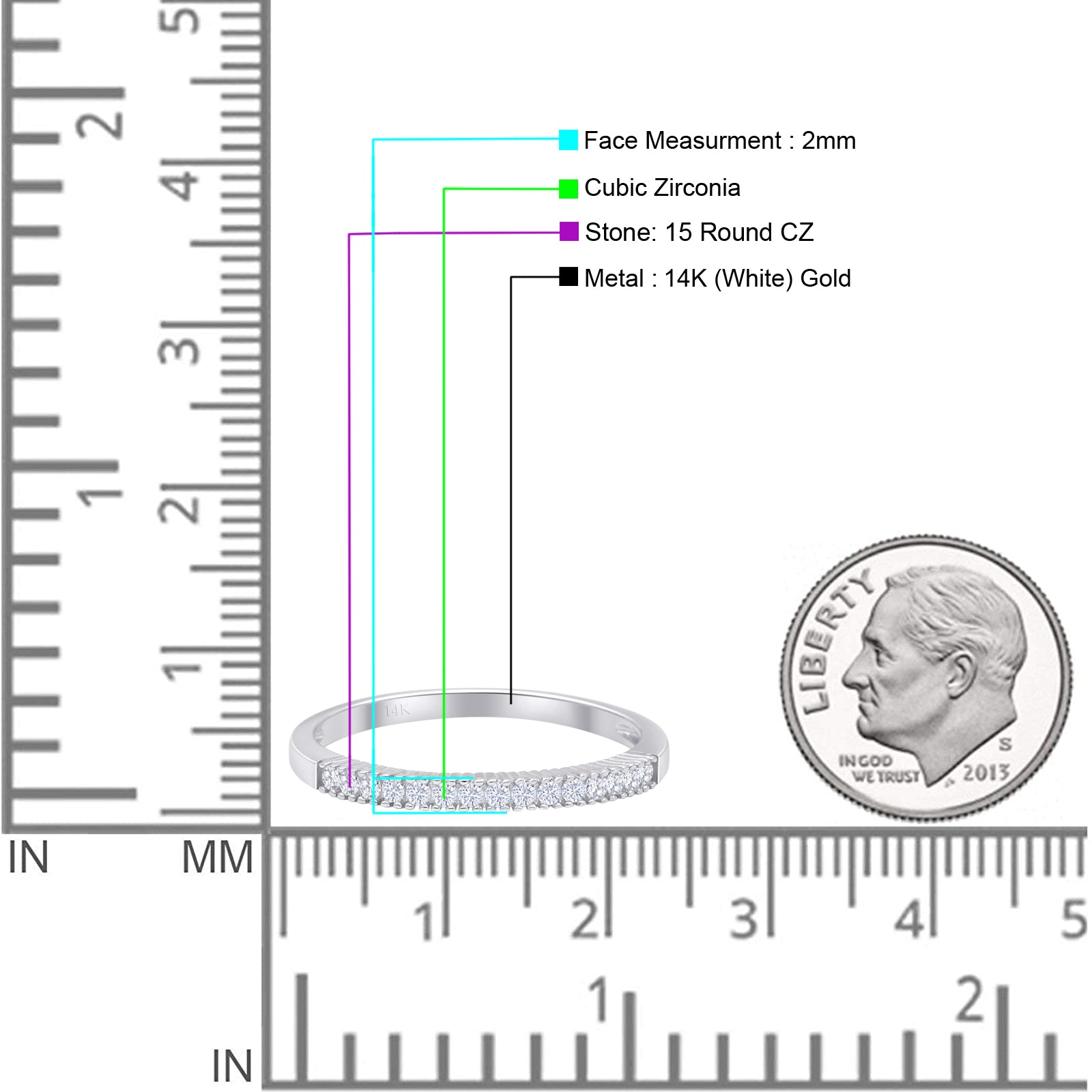 14K White Gold Minimalist 2mm Half Eternity Cubic Zirconia Wedding Band