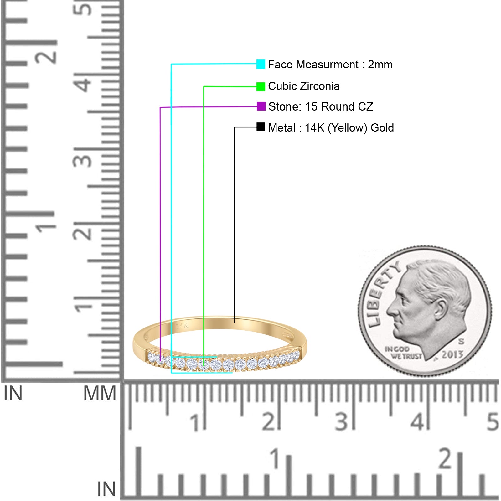 14K Yellow Gold Minimalist 2mm Half Eternity Cubic Zirconia Wedding Band