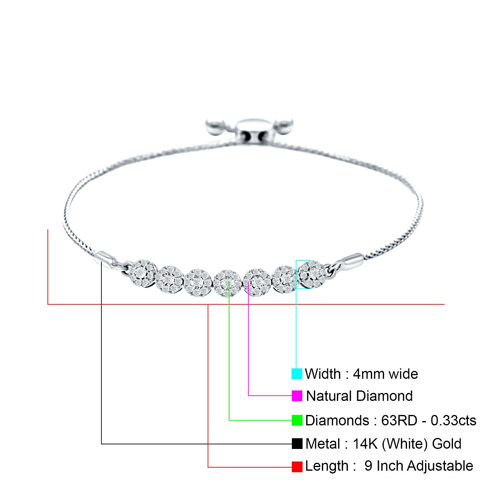 14K Gold 9 Twist Rope Chain Round Natural Diamond Adjustable Bracelet