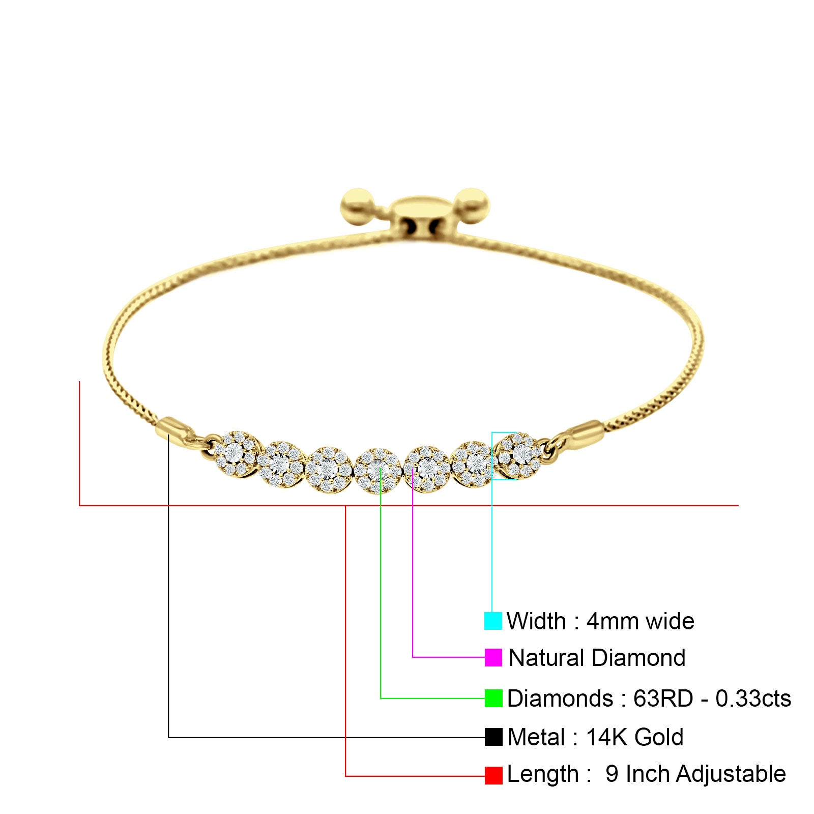 14K Gold 9 Twist Rope Chain Round Natural Diamond Adjustable Bracelet