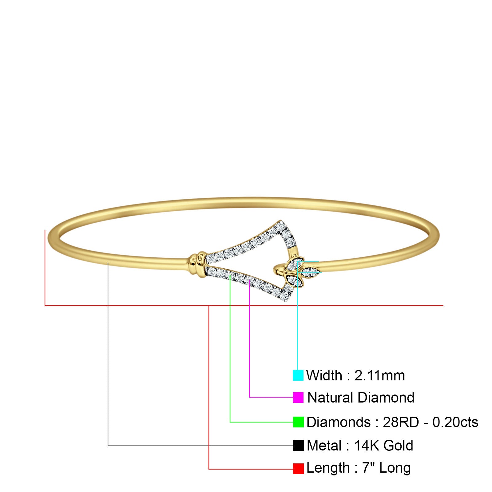14K Gold 2.11mm Inter Quartet Bangle Bracelet Round Natural Diamond