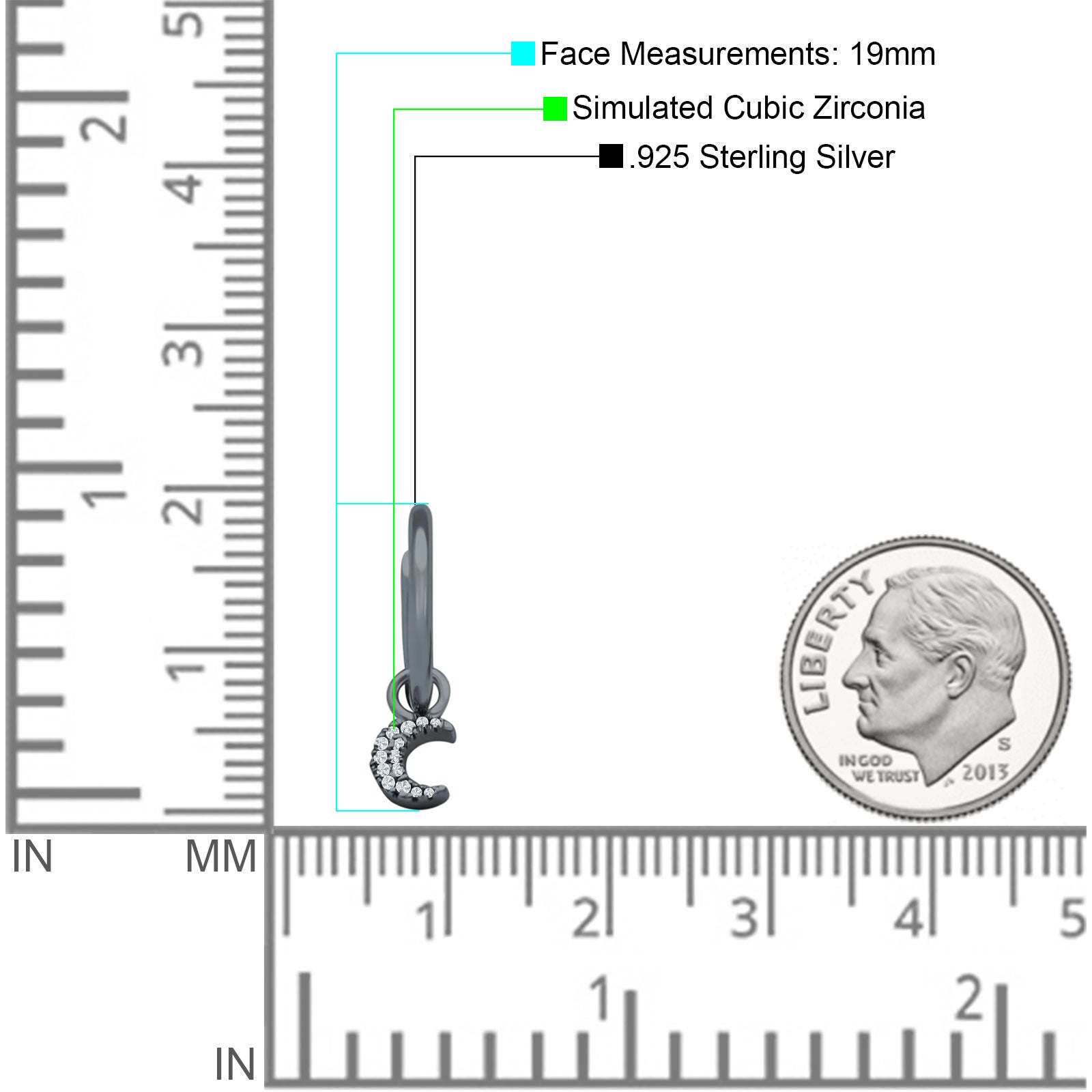 Moon Dangle Drop Hoop Earring Cubic Zirconia 925 Sterling Silver