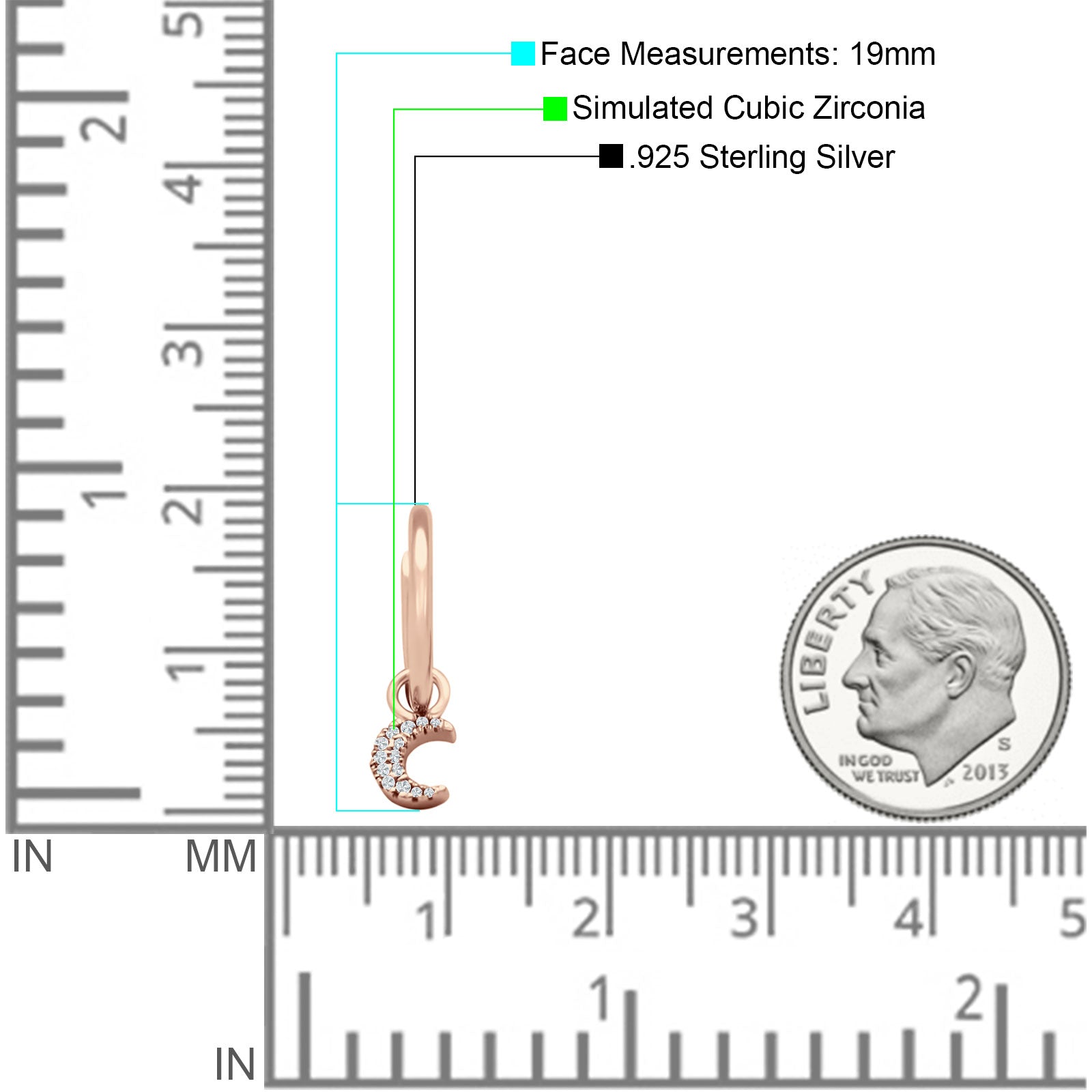 Moon Dangle Drop Hoop Earring Cubic Zirconia 925 Sterling Silver