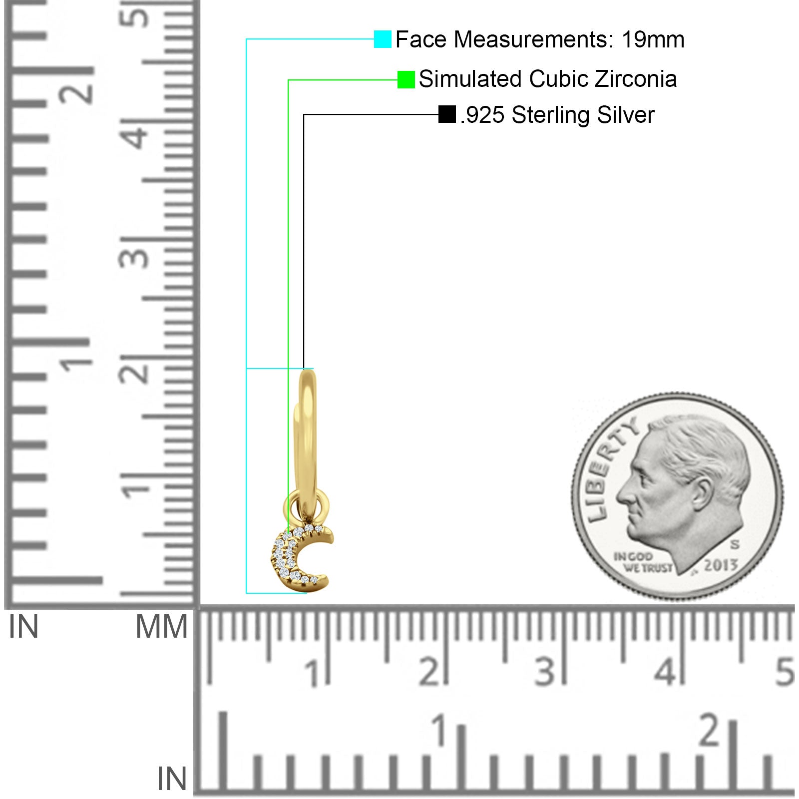 Moon Dangle Drop Hoop Earring Cubic Zirconia 925 Sterling Silver