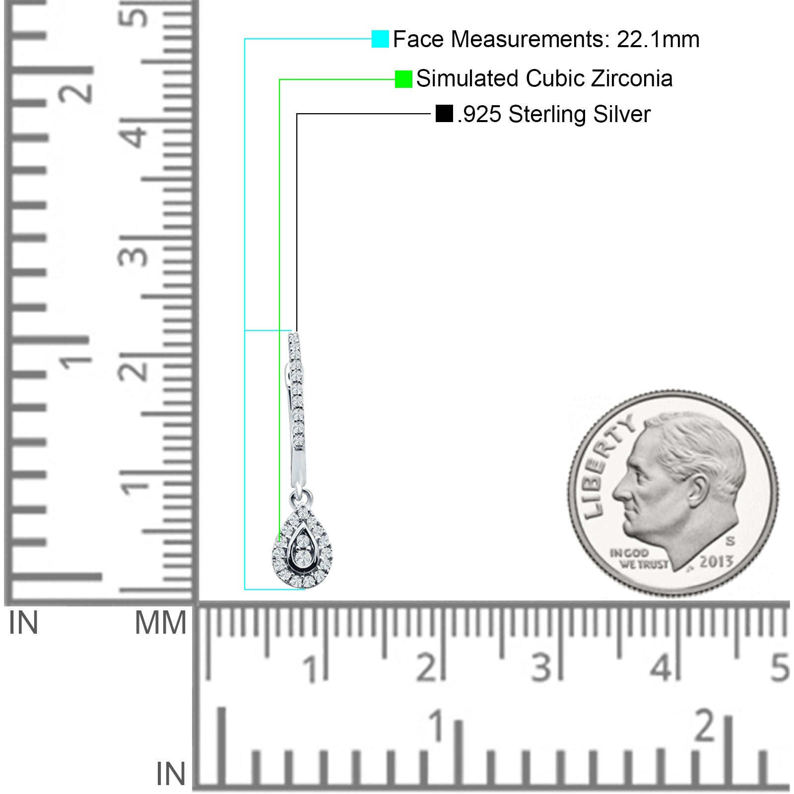 Pear Teardrop Hoop Earring Cubic Zirconia 925 Sterling Silver