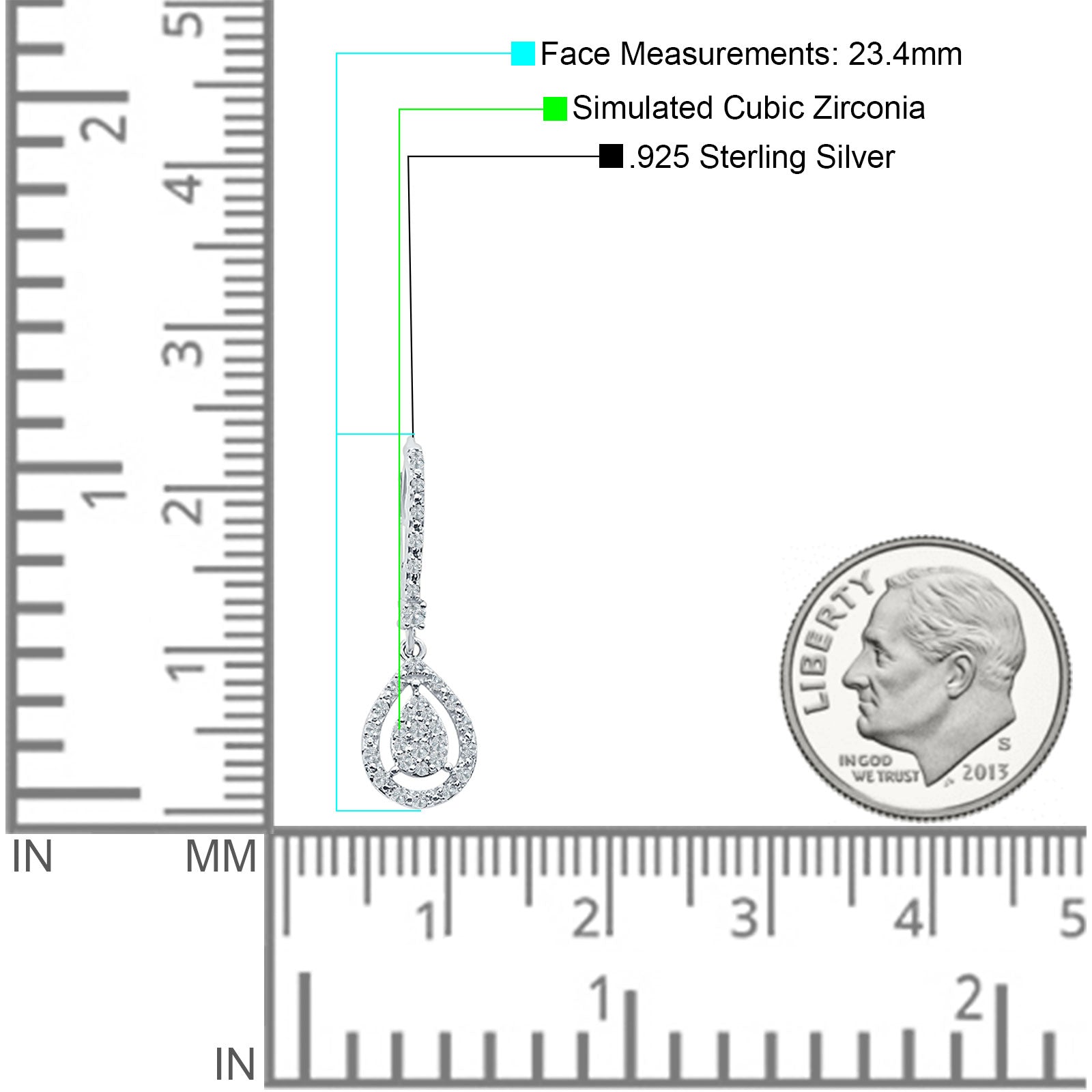 Pear Teardrop Leverback Hoop Earring Cubic Zirconia 925 Sterling Silver