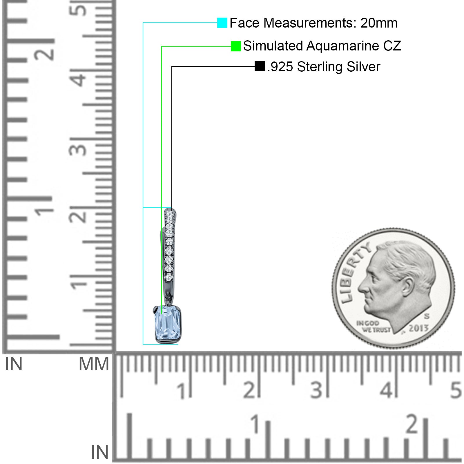 Emerald Cut Drop Dangle Hoop Earring Cubic Zirconia 925 Sterling Silver