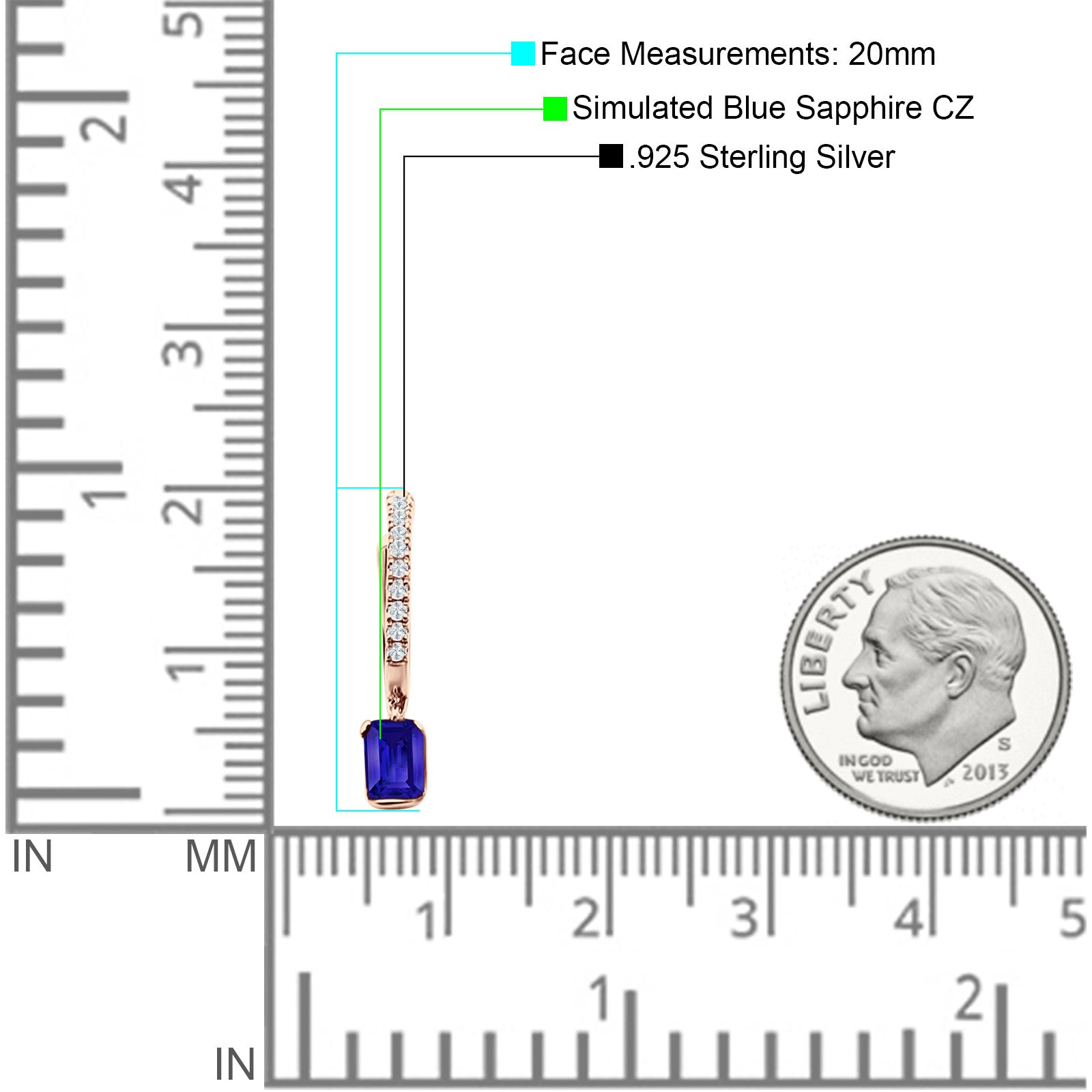 Emerald Cut Drop Dangle Hoop Earring Cubic Zirconia 925 Sterling Silver