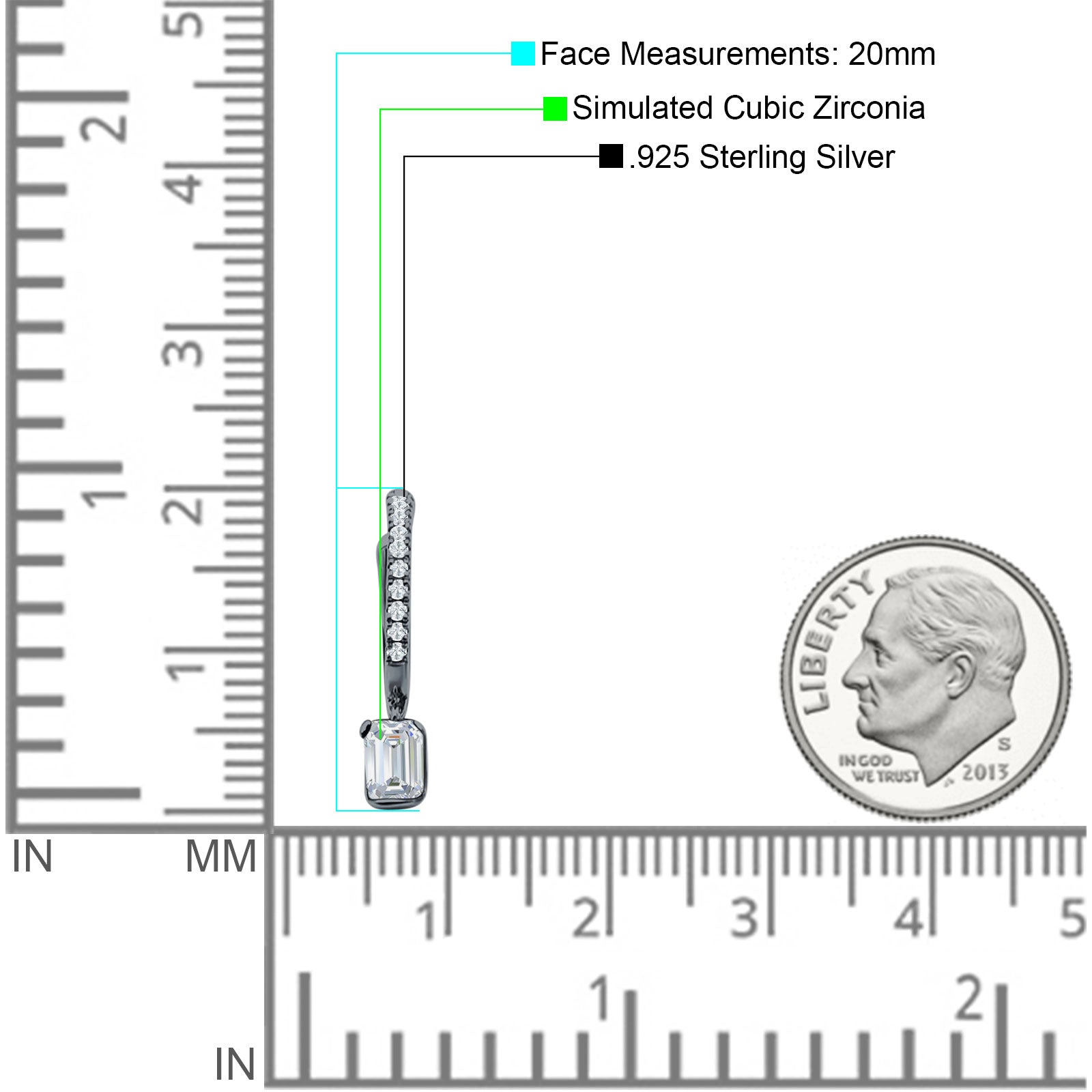 Emerald Cut Drop Dangle Hoop Earring Cubic Zirconia 925 Sterling Silver