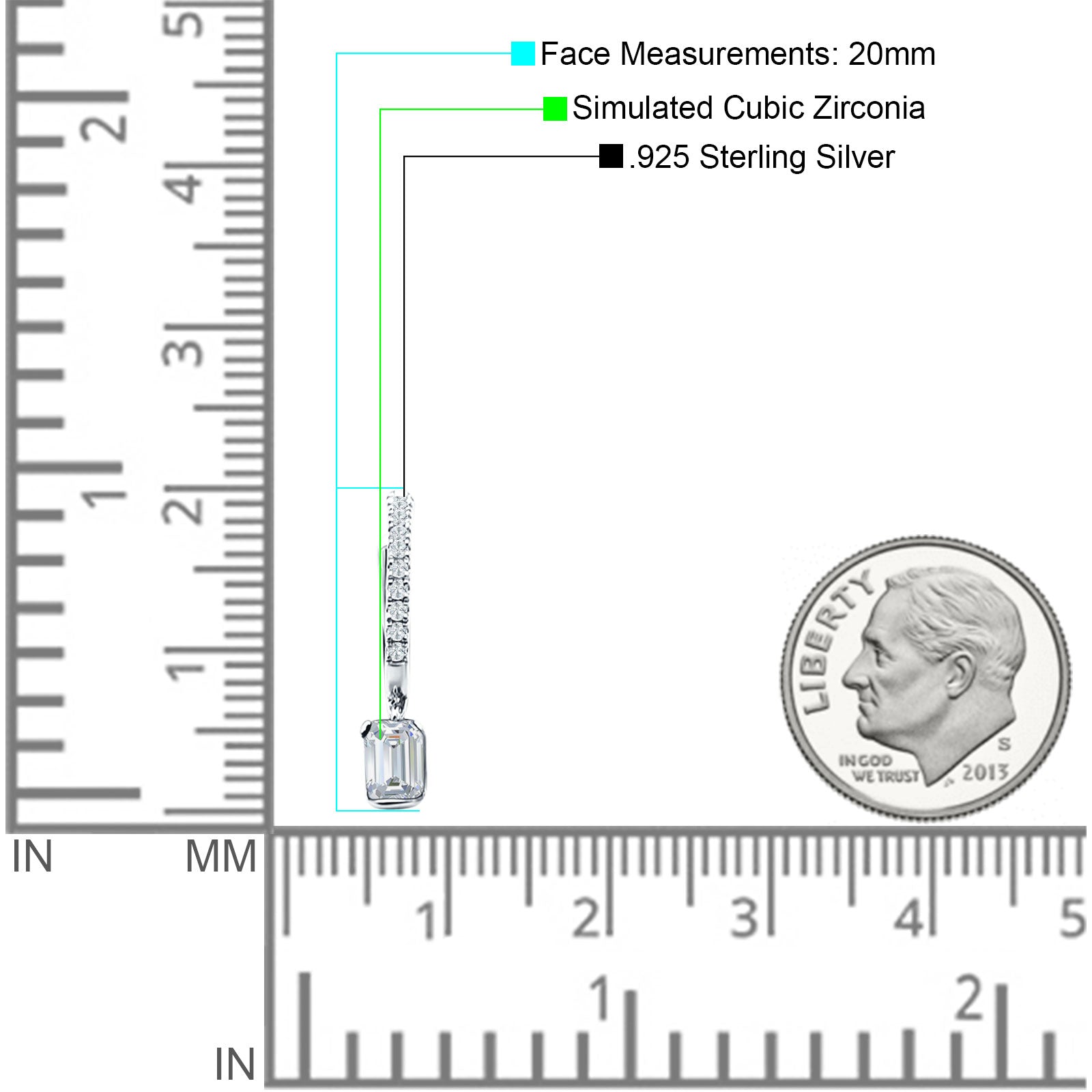 Emerald Cut Drop Dangle Hoop Earring Cubic Zirconia 925 Sterling Silver