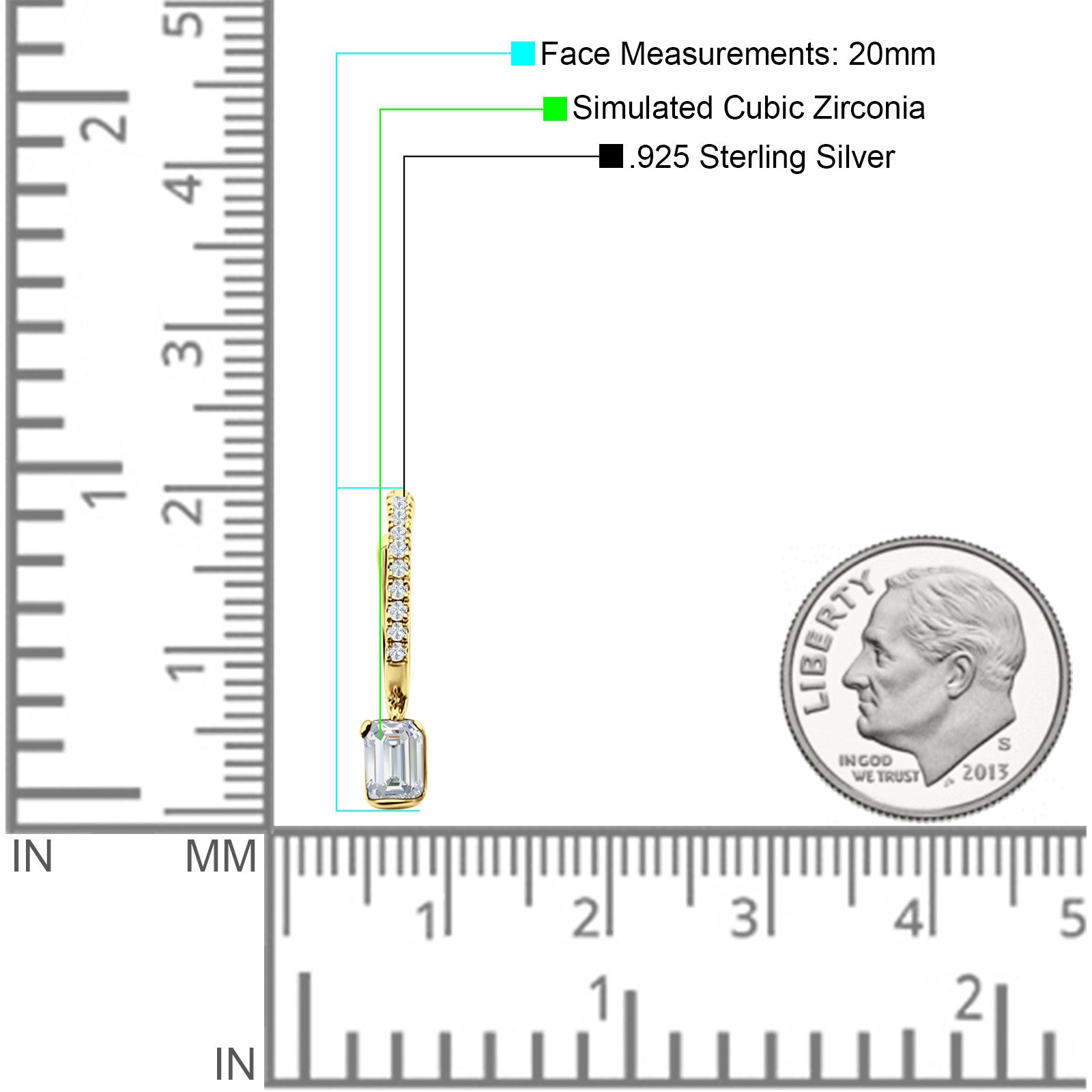 Emerald Cut Drop Dangle Hoop Earring Cubic Zirconia 925 Sterling Silver