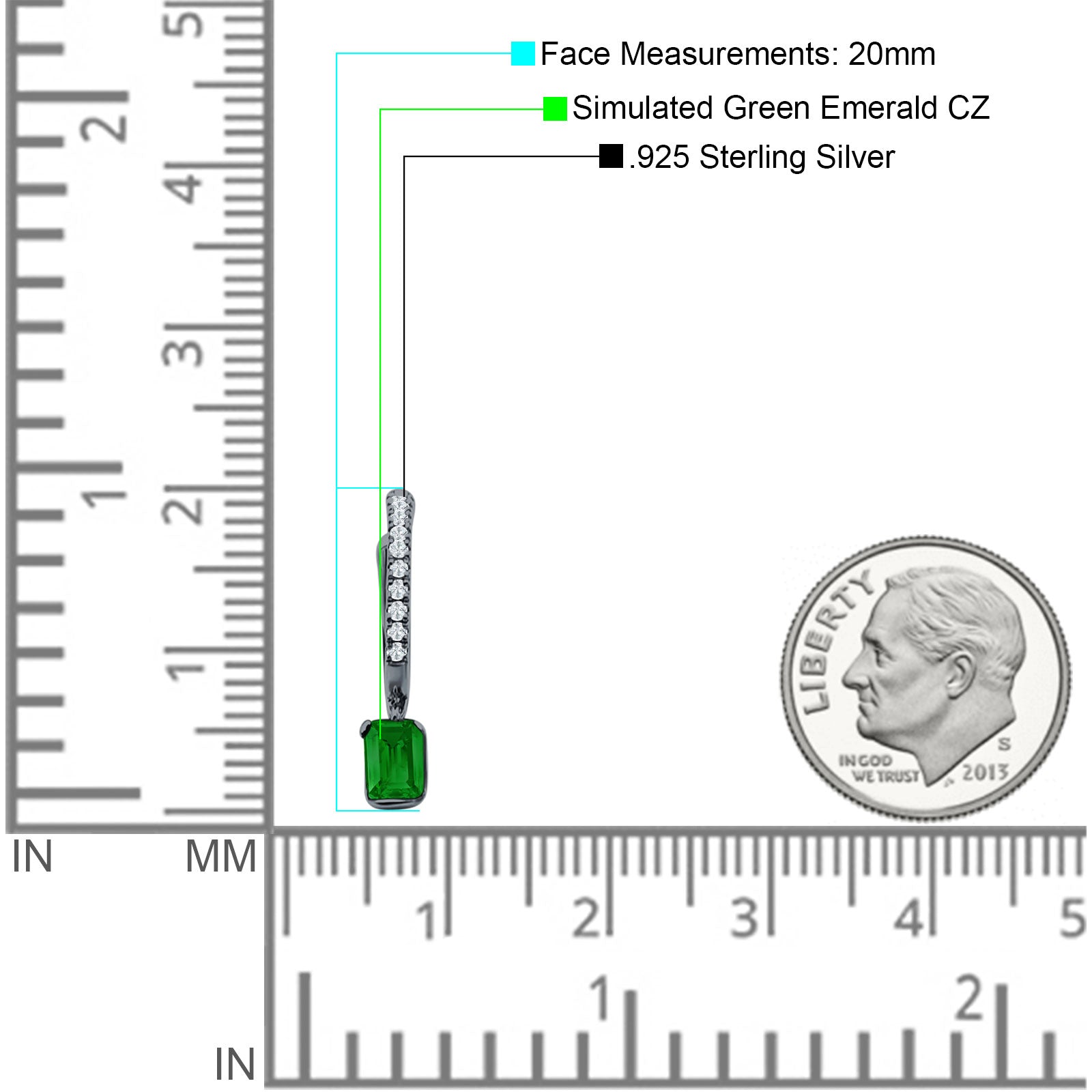 Emerald Cut Drop Dangle Hoop Earring Cubic Zirconia 925 Sterling Silver