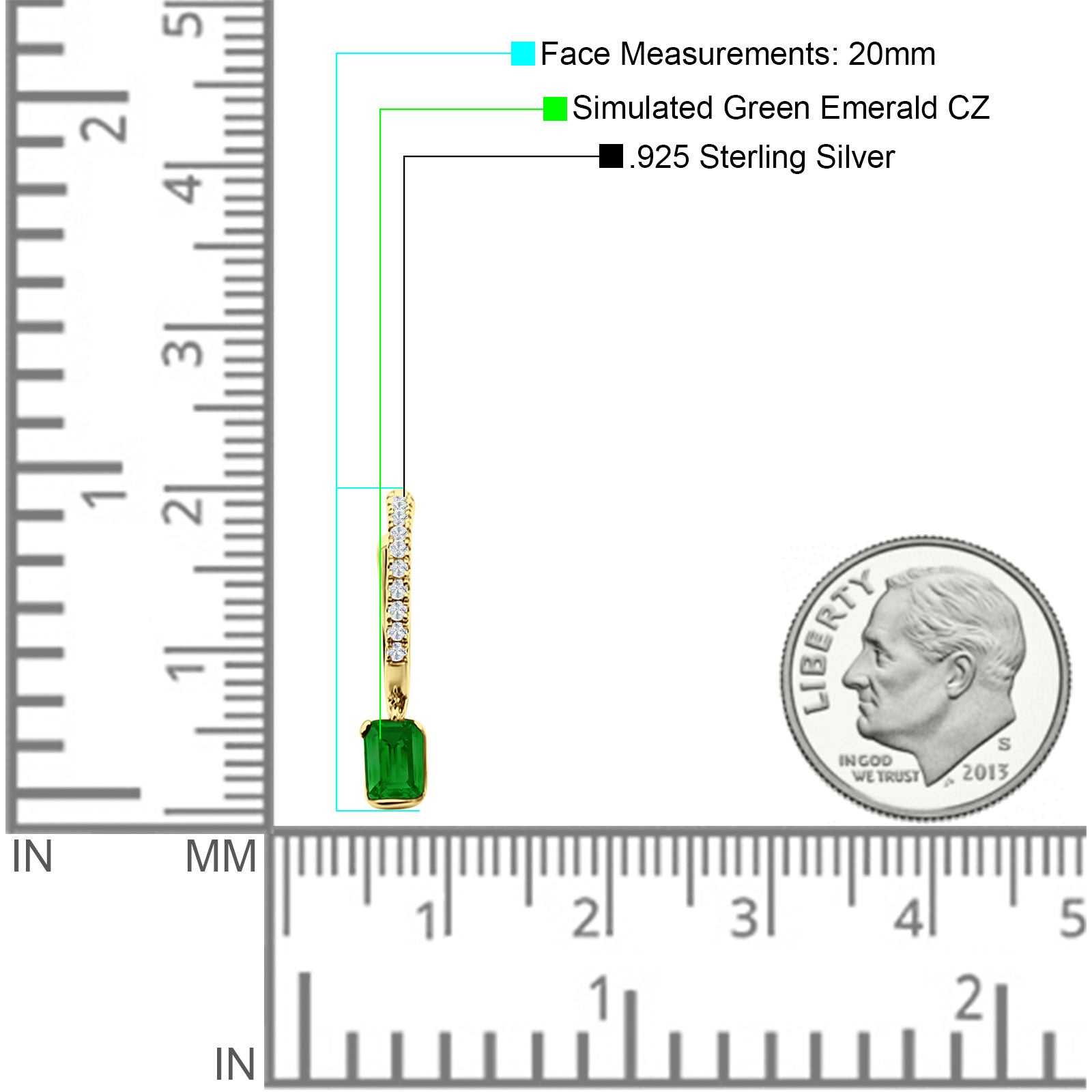 Emerald Cut Drop Dangle Hoop Earring Cubic Zirconia 925 Sterling Silver