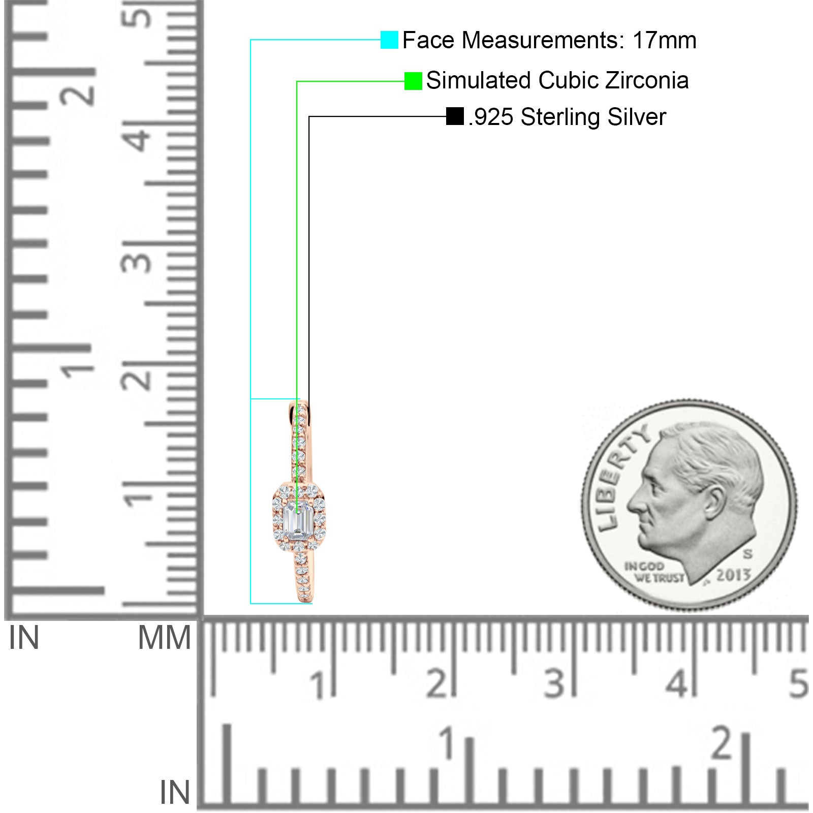 Emerald Cut Halo Hoop Earring Cubic Zirconia 925 Sterling Silver