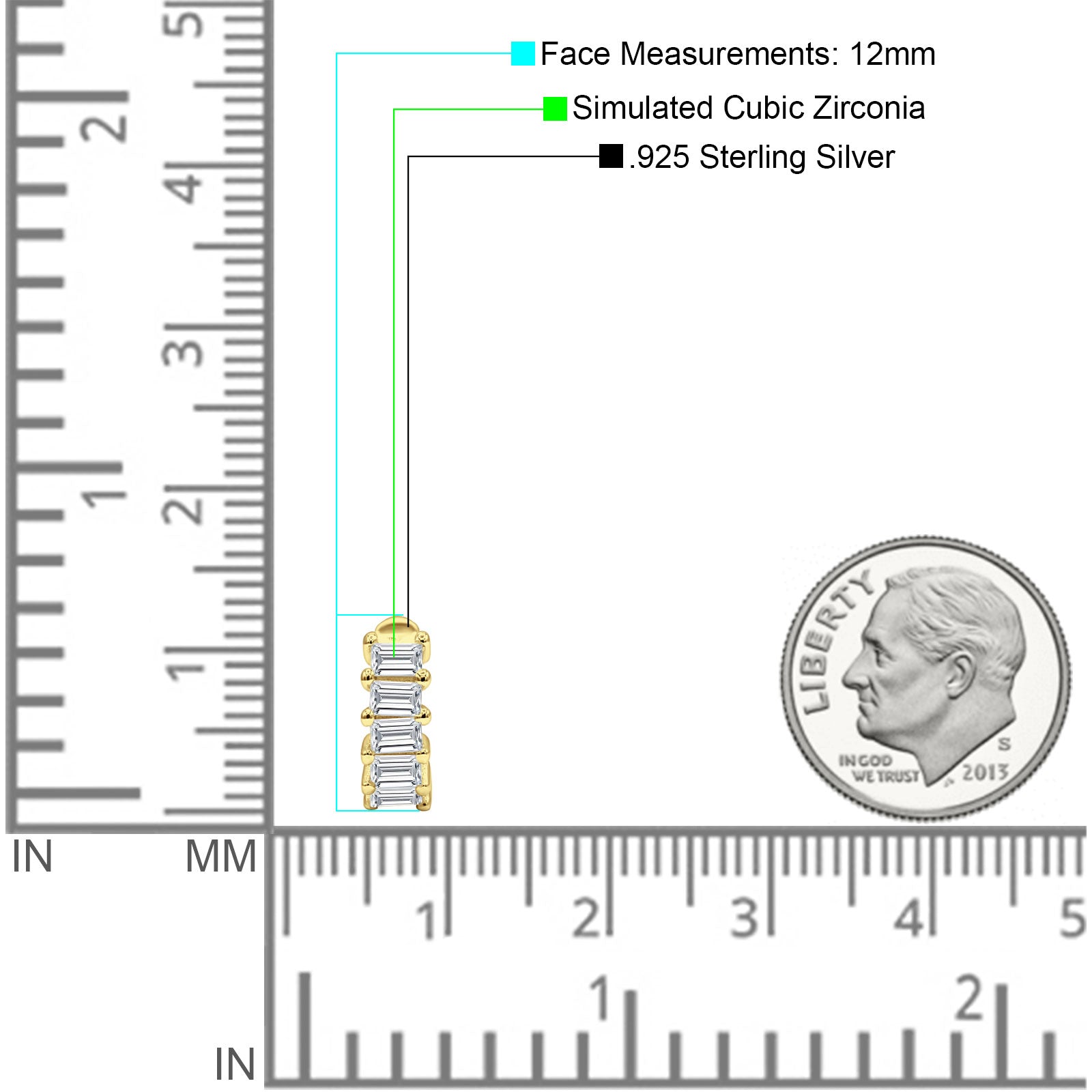 Minimalist Baguette Cubic Zirconia Huggie Hoop Earring Solid 925 Sterling Silver