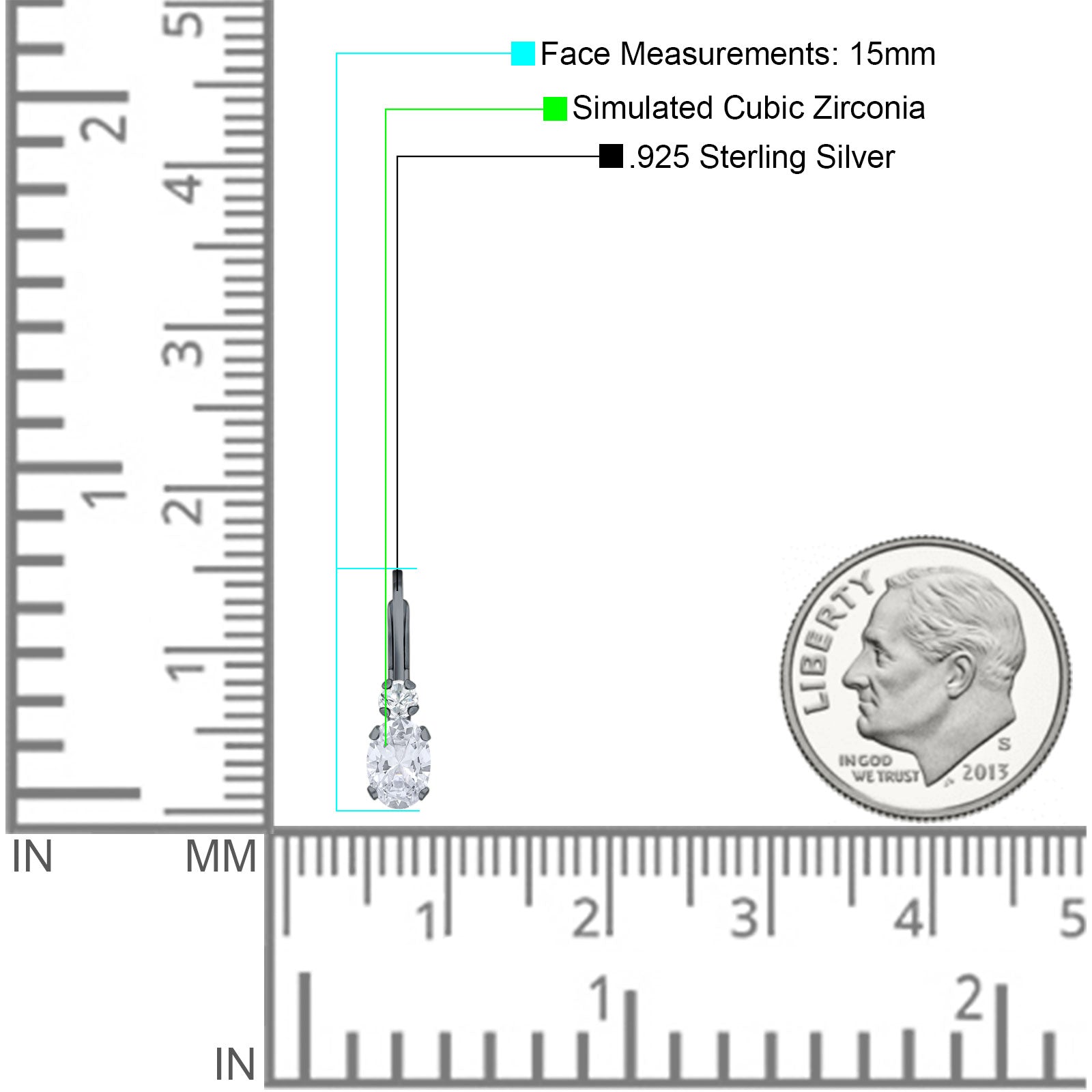 Oval Drop Dangle Charm Leverback Earring Cubic Zirconia 925 Sterling Silver
