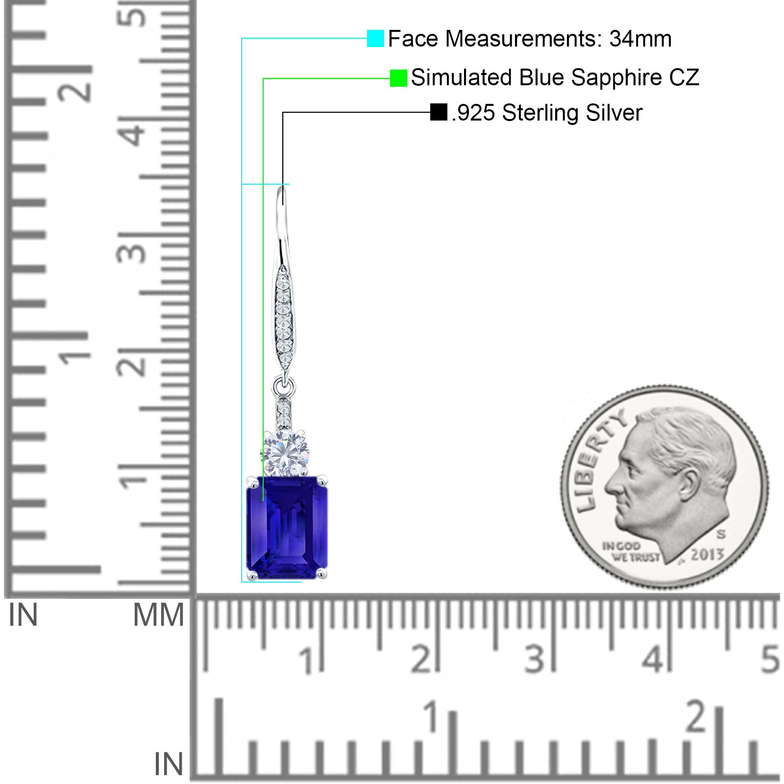 Emerald Cut Oblong Drop Dangle Leverback Earring Cubic Zrconia 925 Sterling Silver