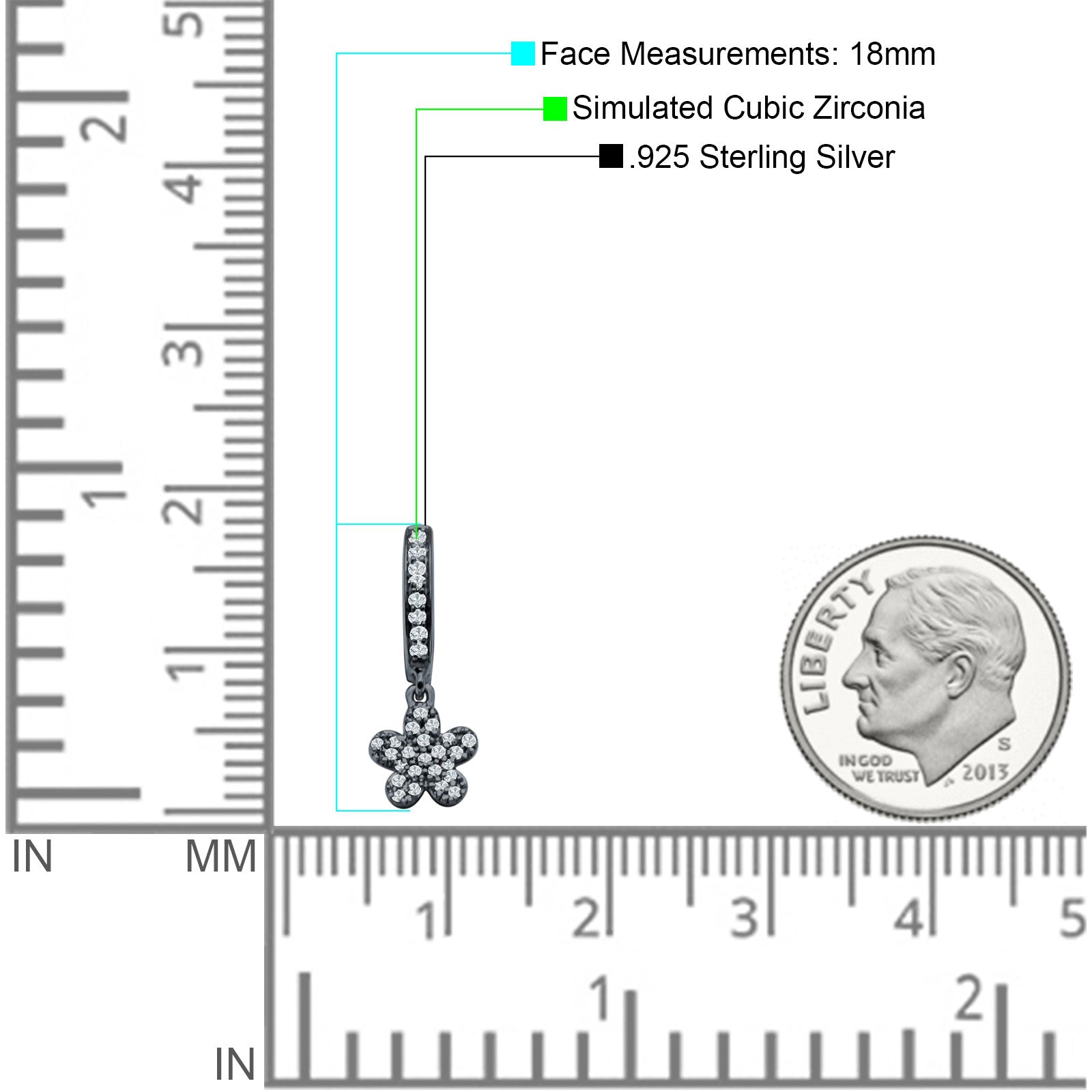 Flower Cluster Charm Huggie Hoop Earring Cubic Zirconia 925 Sterling Silver