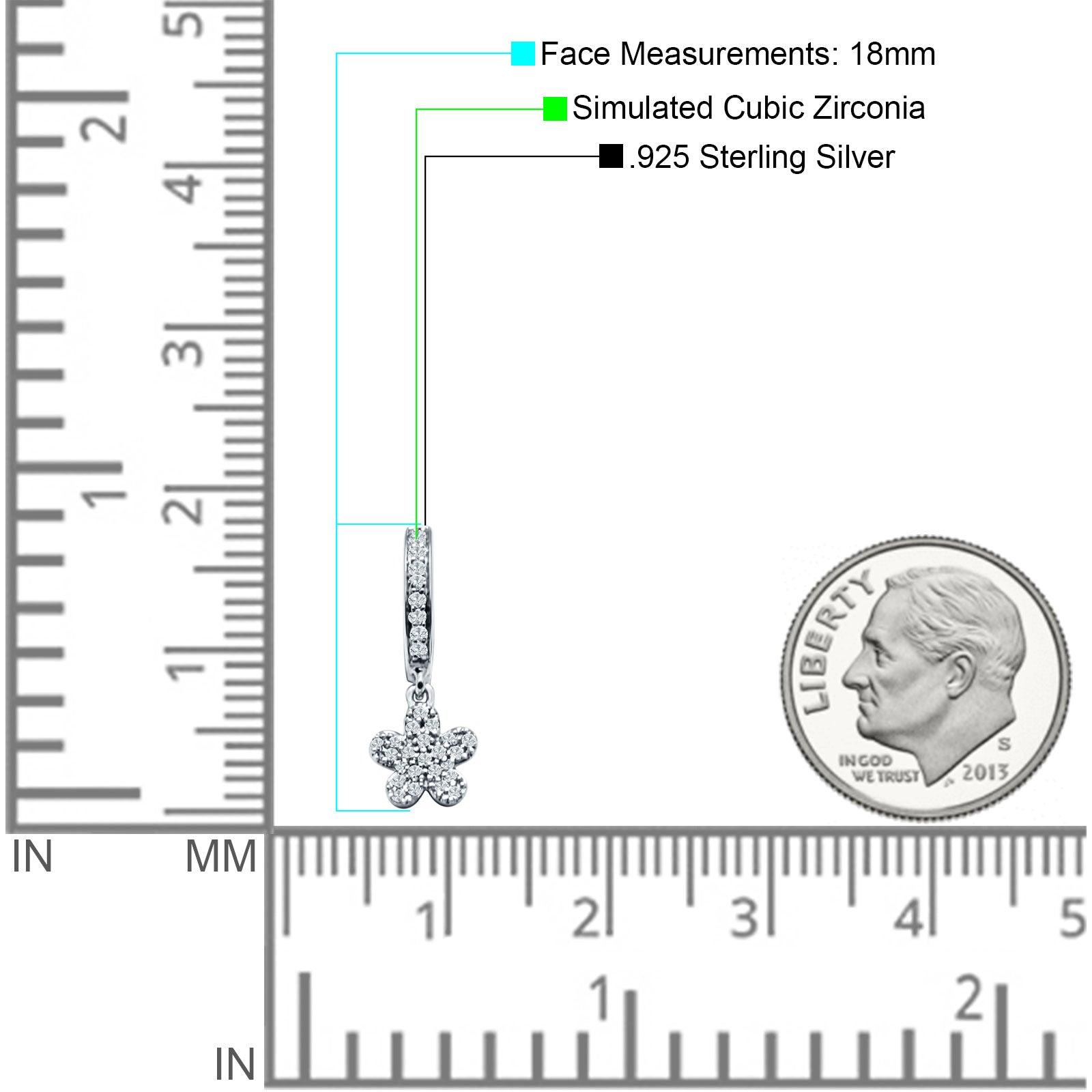 Flower Cluster Charm Huggie Hoop Earring Cubic Zirconia 925 Sterling Silver