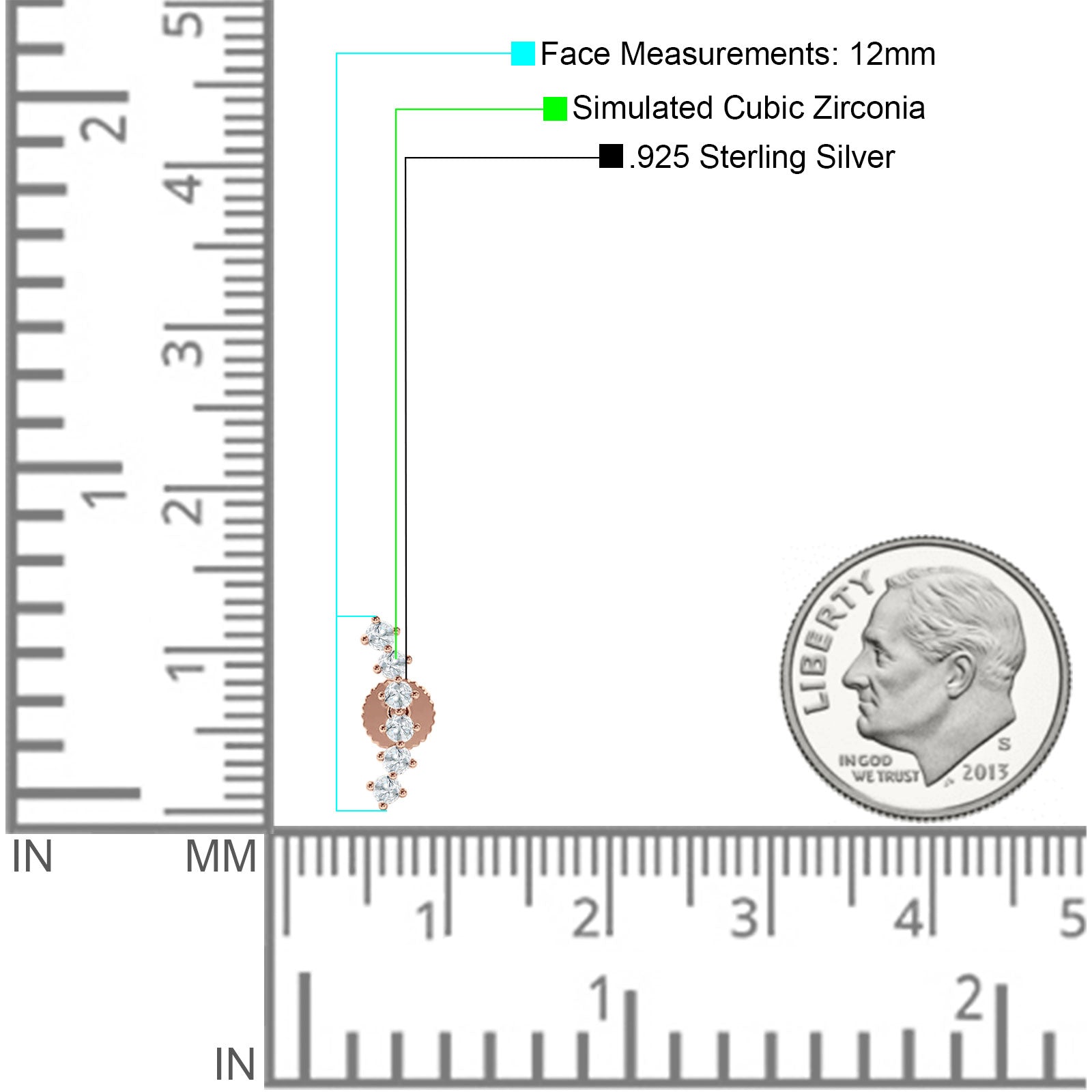 Six Stone Climber Stud Earring Cubic Zirconia 925 Sterling Silver
