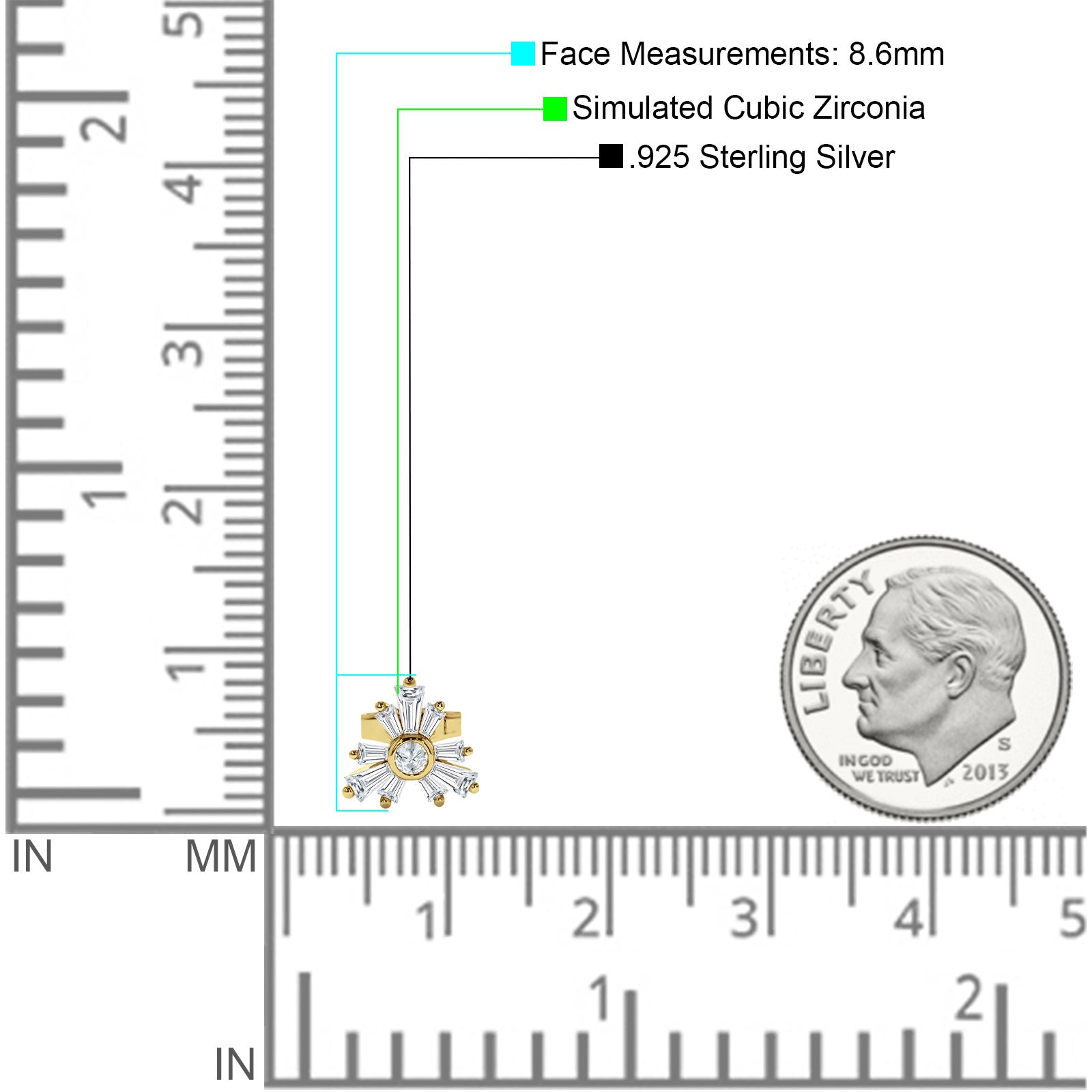 Starburst Trio Baguette & Round Cubic Zirconia Stud Earring 925 Sterling Silver