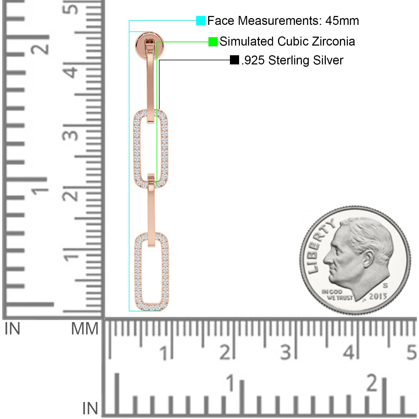 Paperclip Interlocking Oblong Oval Stud Earring Cubic Zirconia 925 Sterling Silver