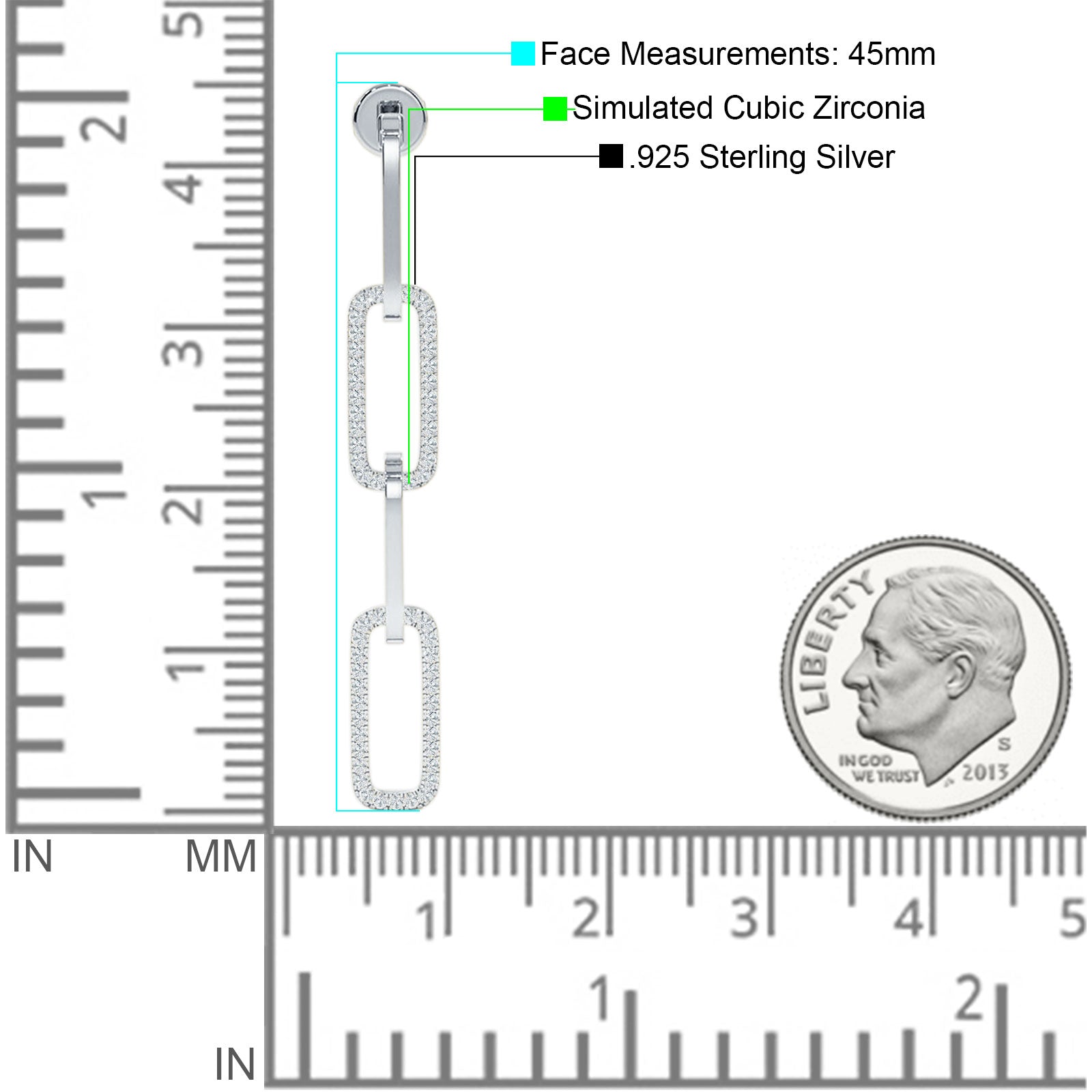 Paperclip Interlocking Oblong Oval Stud Earring Cubic Zirconia 925 Sterling Silver