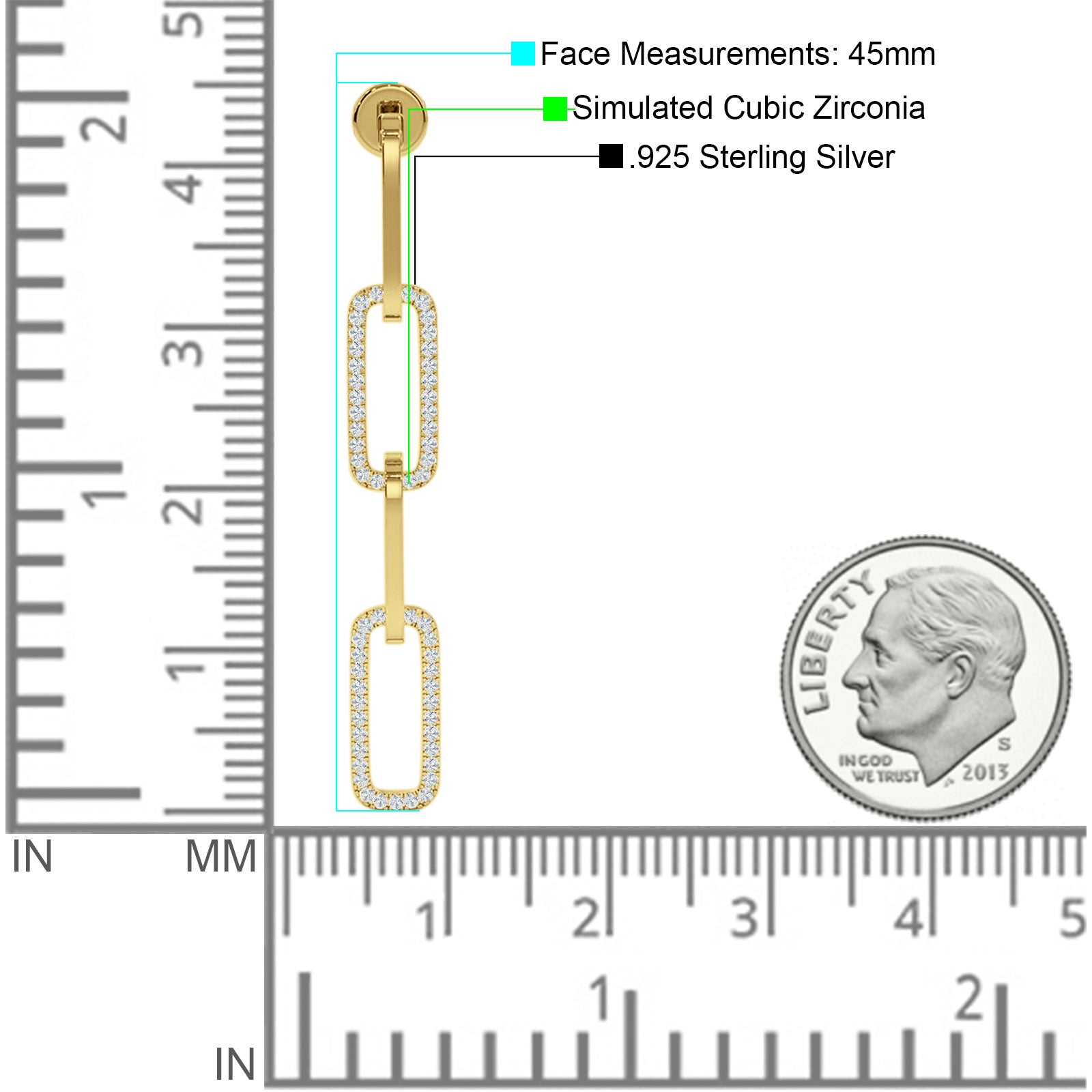 Paperclip Interlocking Oblong Oval Stud Earring Cubic Zirconia 925 Sterling Silver