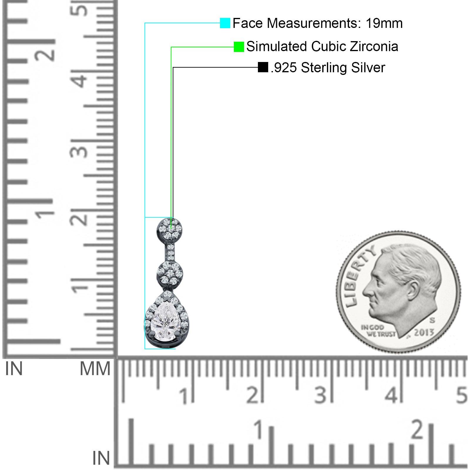 Drop Dangle 19mm Pear Stud Earrings Cubic Zirconia 925 Sterling Silver
