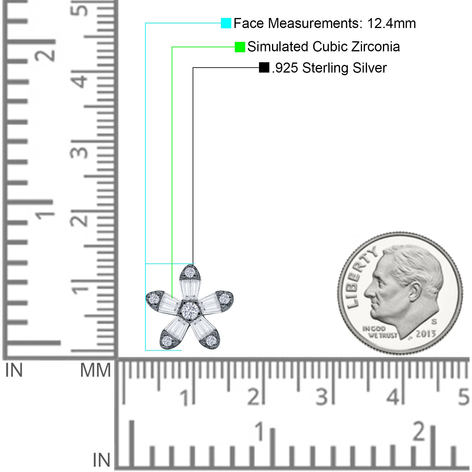 Minimalist 12.4mm Floral Stud Earrings Cubic Zirconia 925 Sterling Silver