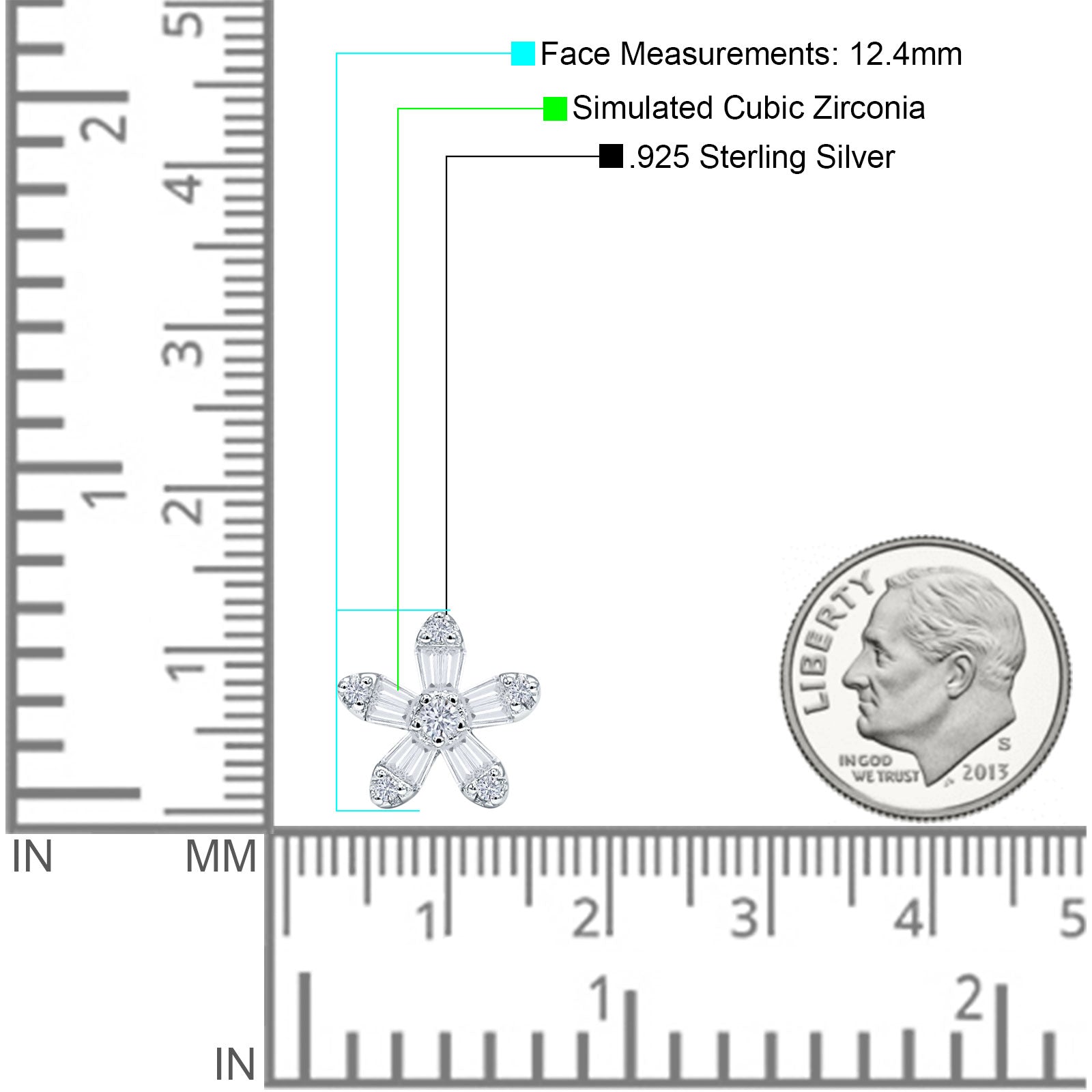Minimalist 12.4mm Floral Stud Earrings Cubic Zirconia 925 Sterling Silver