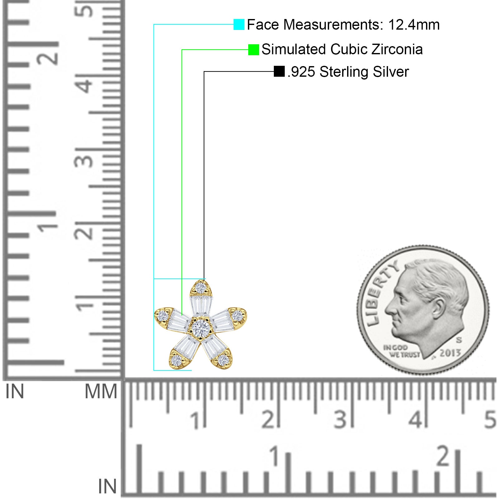 Minimalist 12.4mm Floral Stud Earrings Cubic Zirconia 925 Sterling Silver