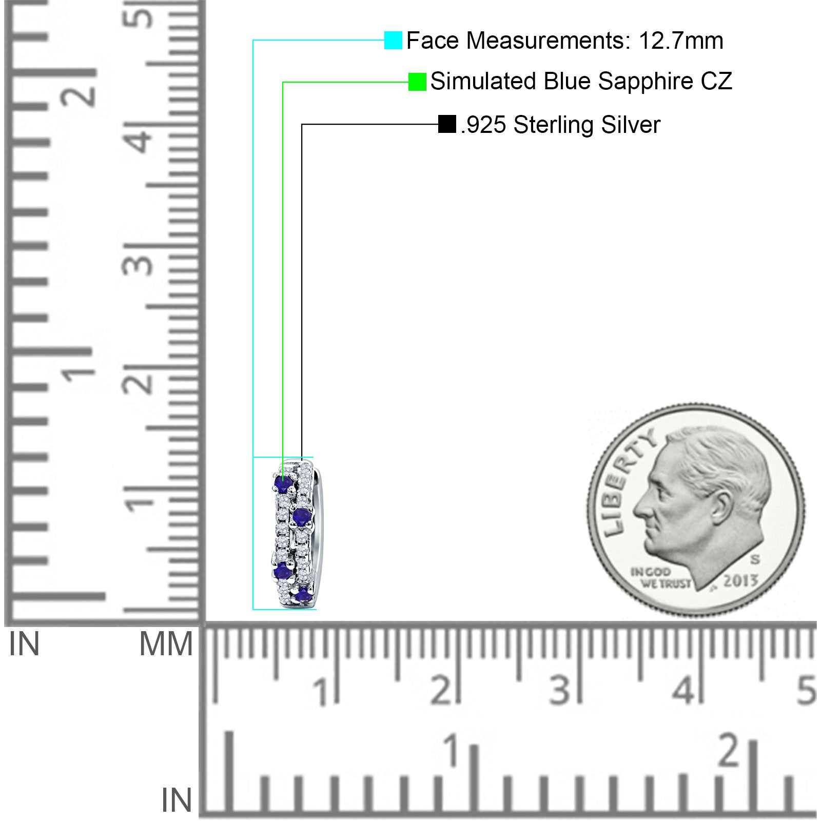 Minimalist 12.7mm Round CZ & Blue Sapphire CZ Hoop Earrings 925 Sterling Silver