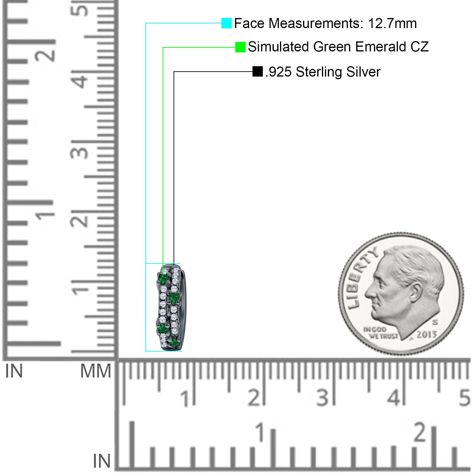 Minimalist 12.7mm Round CZ & Green Emerald CZ Hoop Earrings 925 Sterling Silver