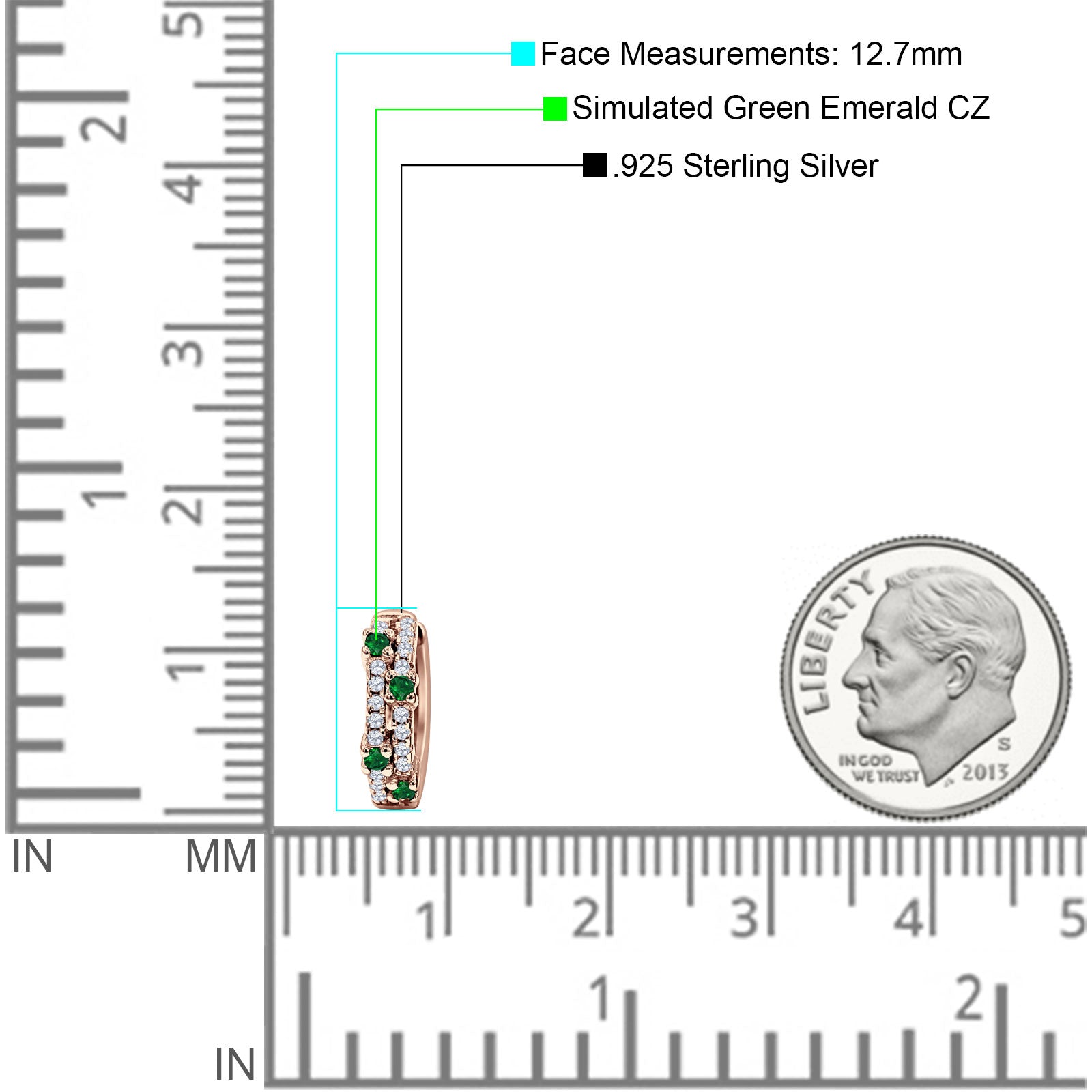 Minimalist 12.7mm Round CZ & Green Emerald CZ Hoop Earrings 925 Sterling Silver