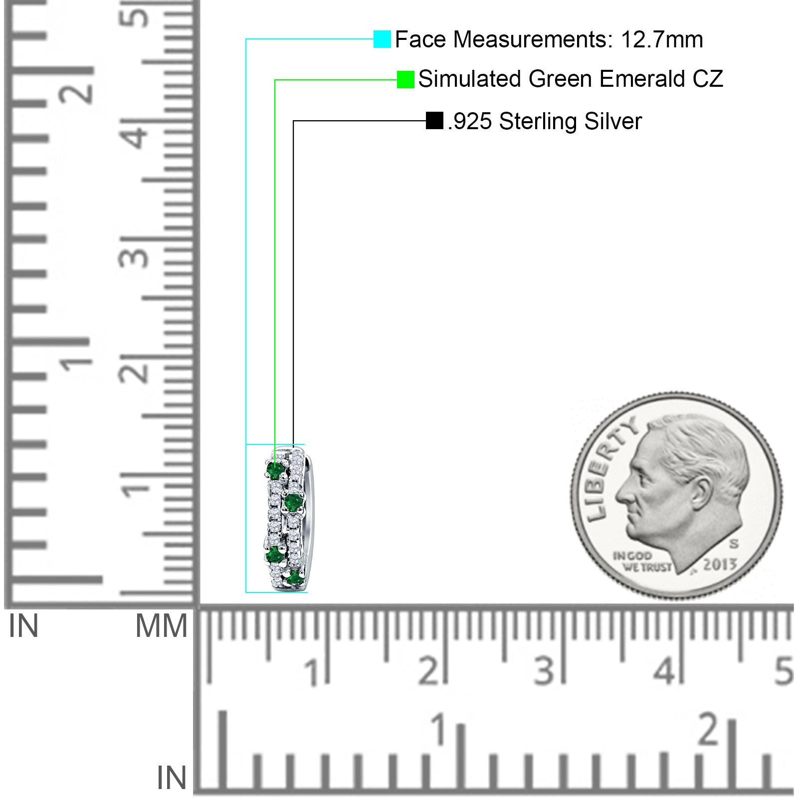 Minimalist 12.7mm Round CZ & Green Emerald CZ Hoop Earrings 925 Sterling Silver