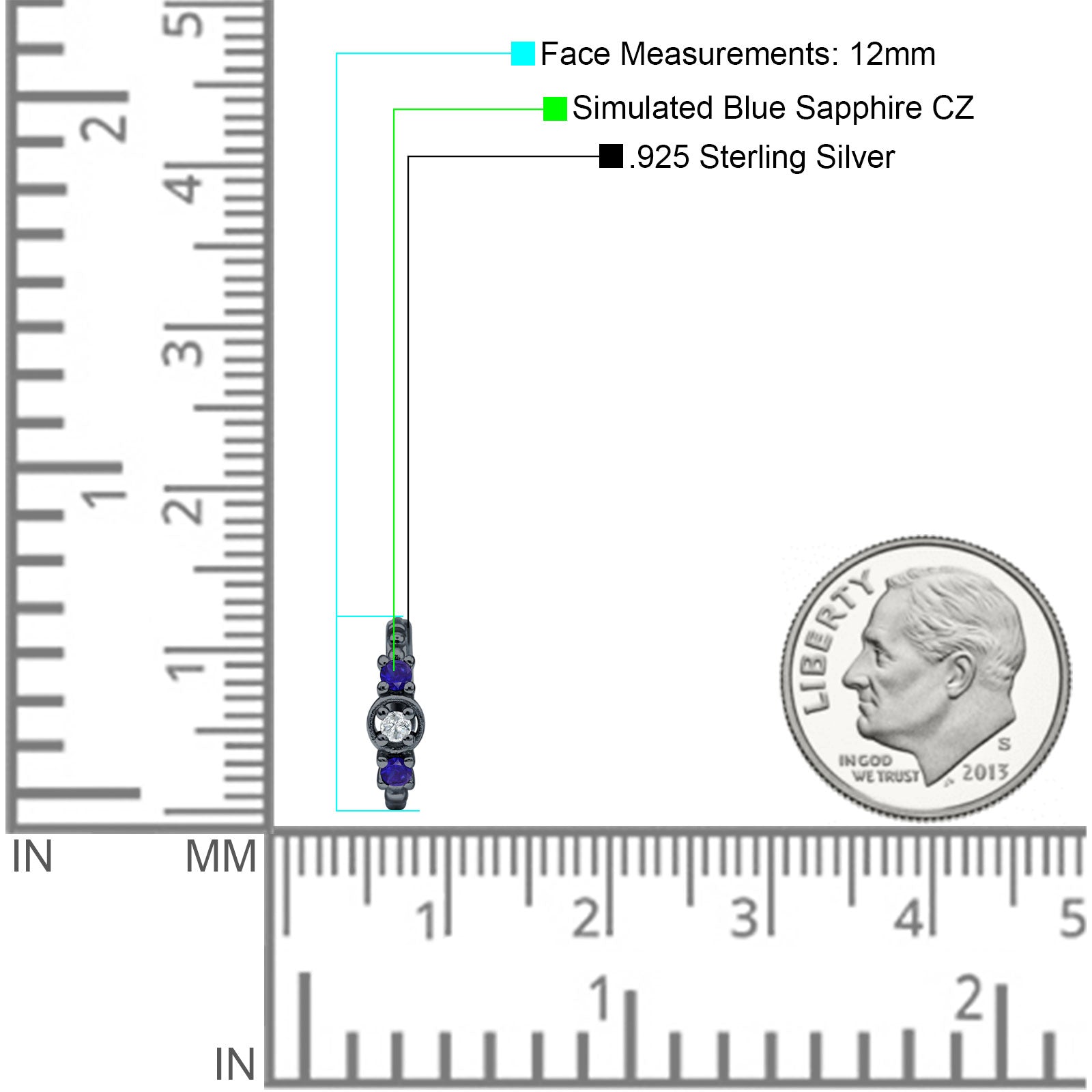 Minimalist 12mm Round CZ & Blue Sapphire CZ Trio Hoop Earrings 925 Sterling Silver