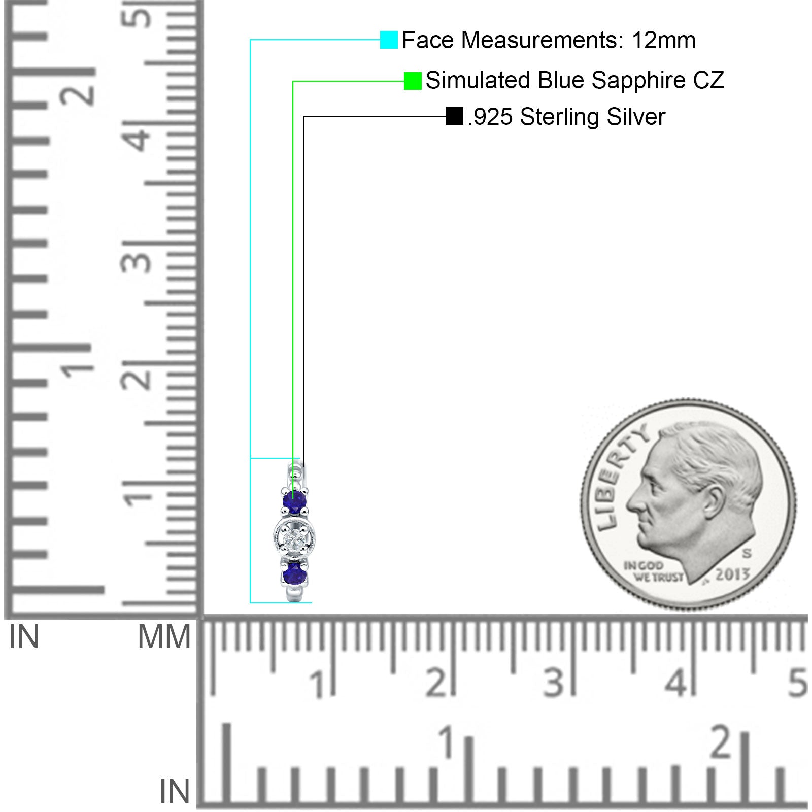 Minimalist 12mm Round CZ & Blue Sapphire CZ Trio Hoop Earrings 925 Sterling Silver