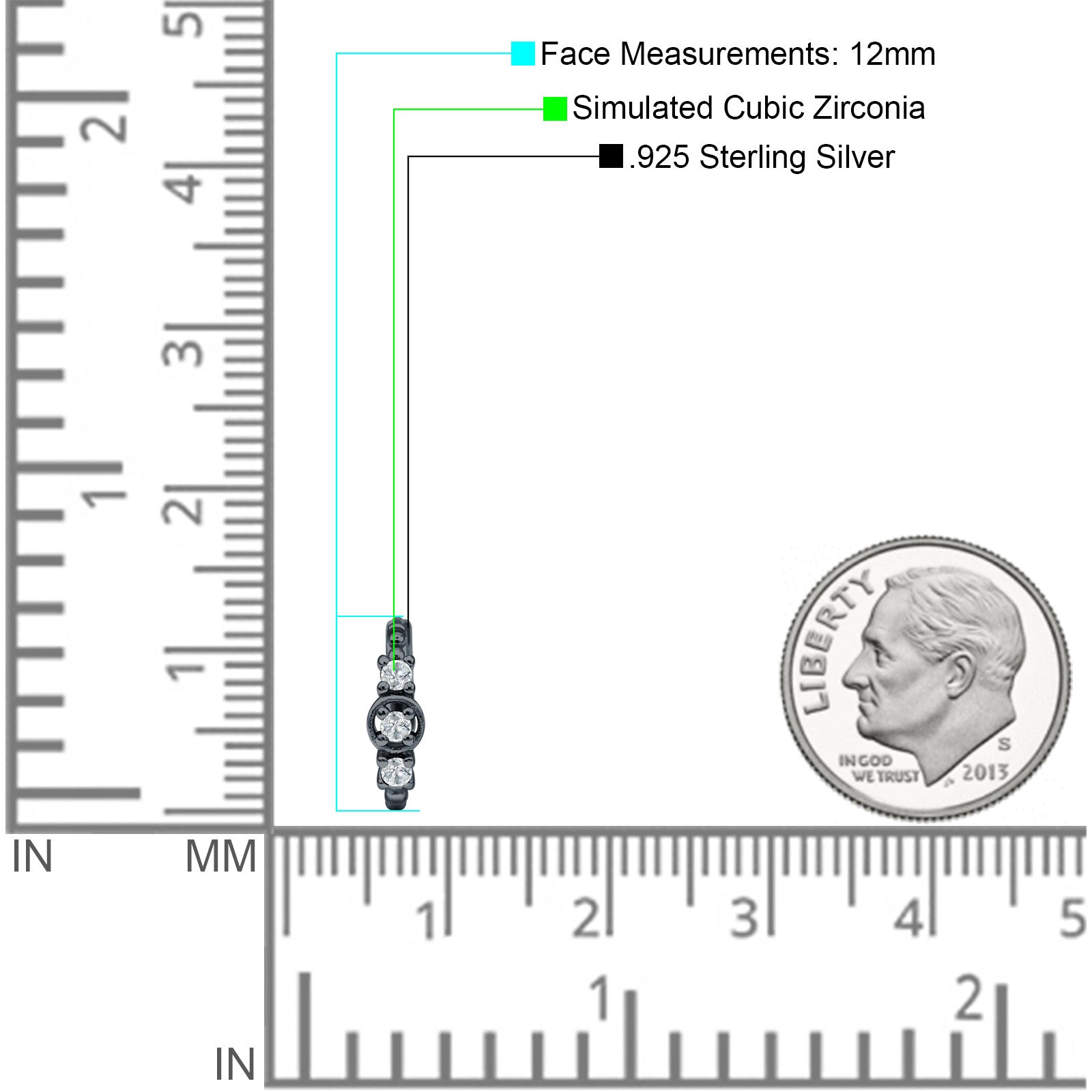 Minimalist 12mm Round Cubic Zirconia Trio Hoop Earrings 925 Sterling Silver