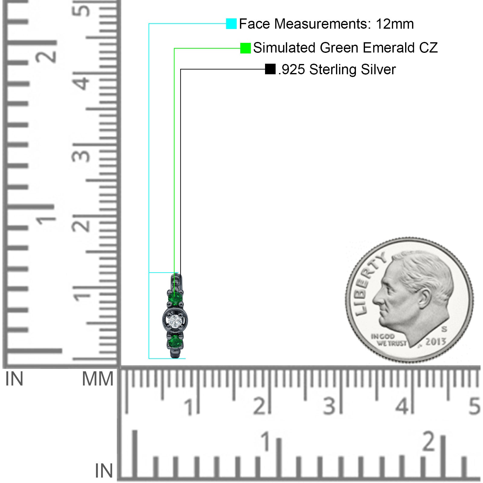 Minimalist 12mm Round CZ & Green Emerald CZ Trio Hoop Earrings 925 Sterling Silver