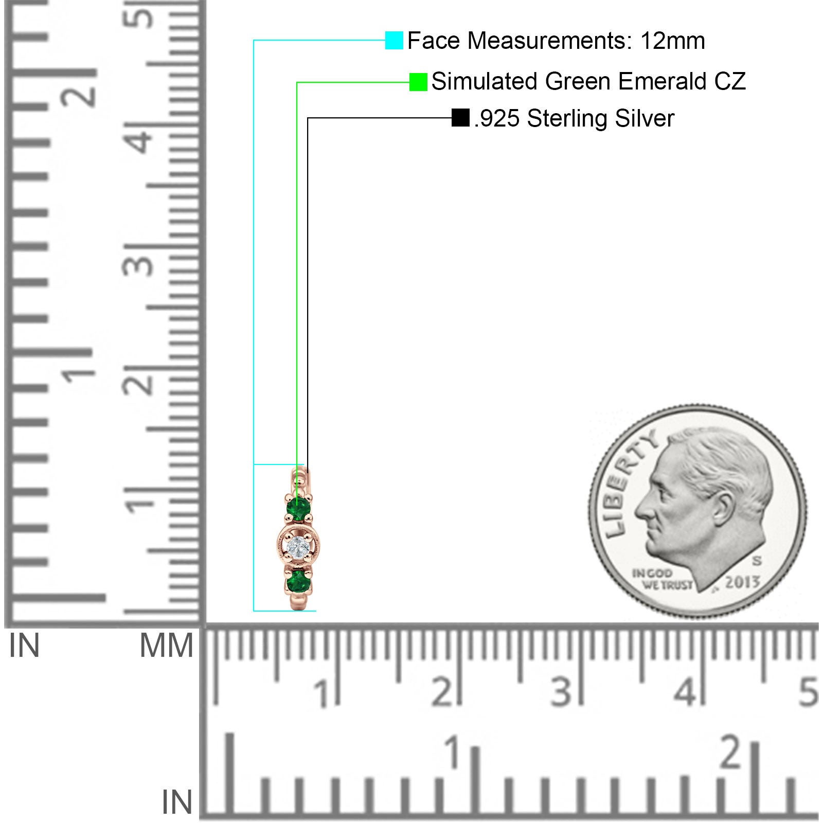 Minimalist 12mm Round CZ & Green Emerald CZ Trio Hoop Earrings 925 Sterling Silver