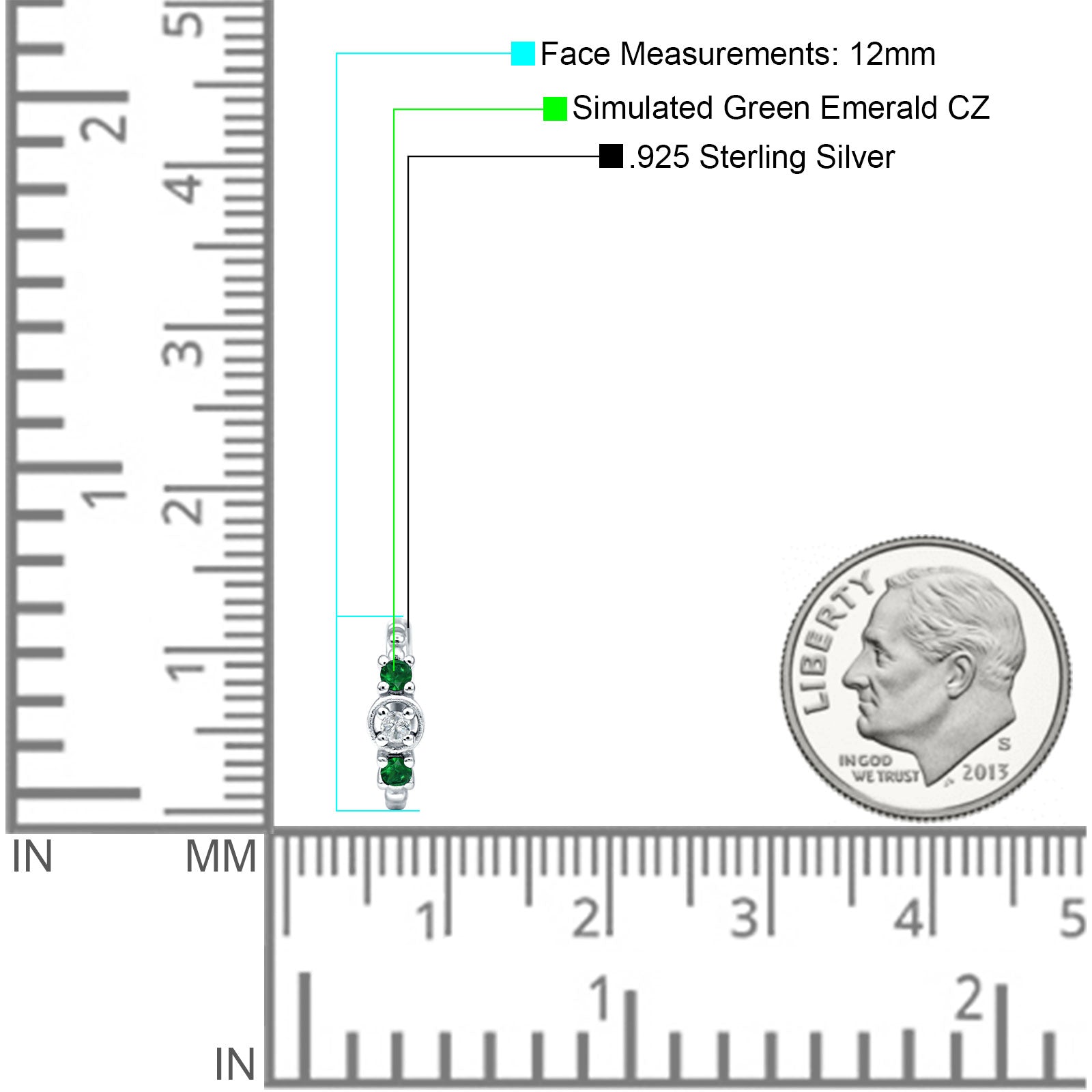 Minimalist 12mm Round CZ & Green Emerald CZ Trio Hoop Earrings 925 Sterling Silver