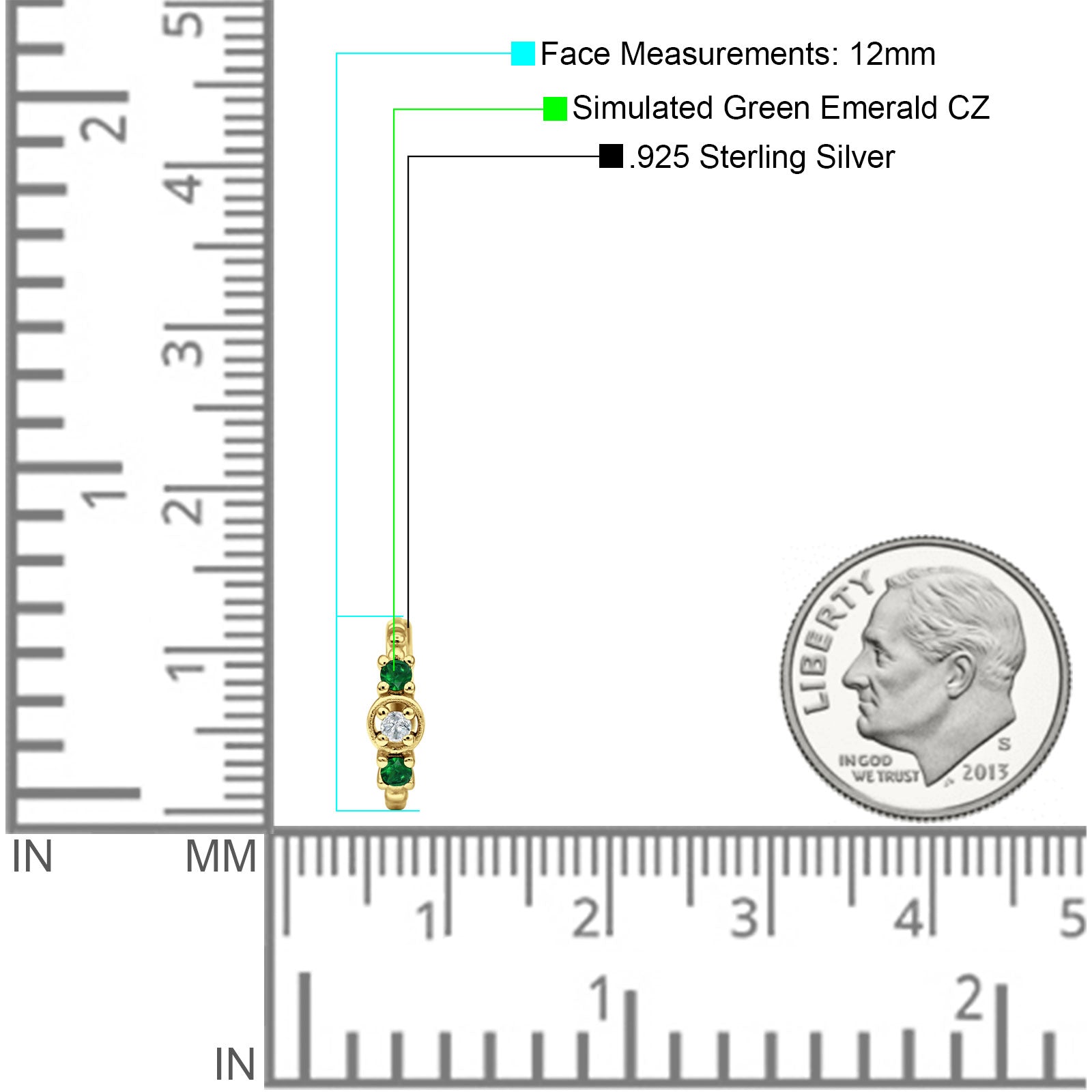 Minimalist 12mm Round CZ & Green Emerald CZ Trio Hoop Earrings 925 Sterling Silver