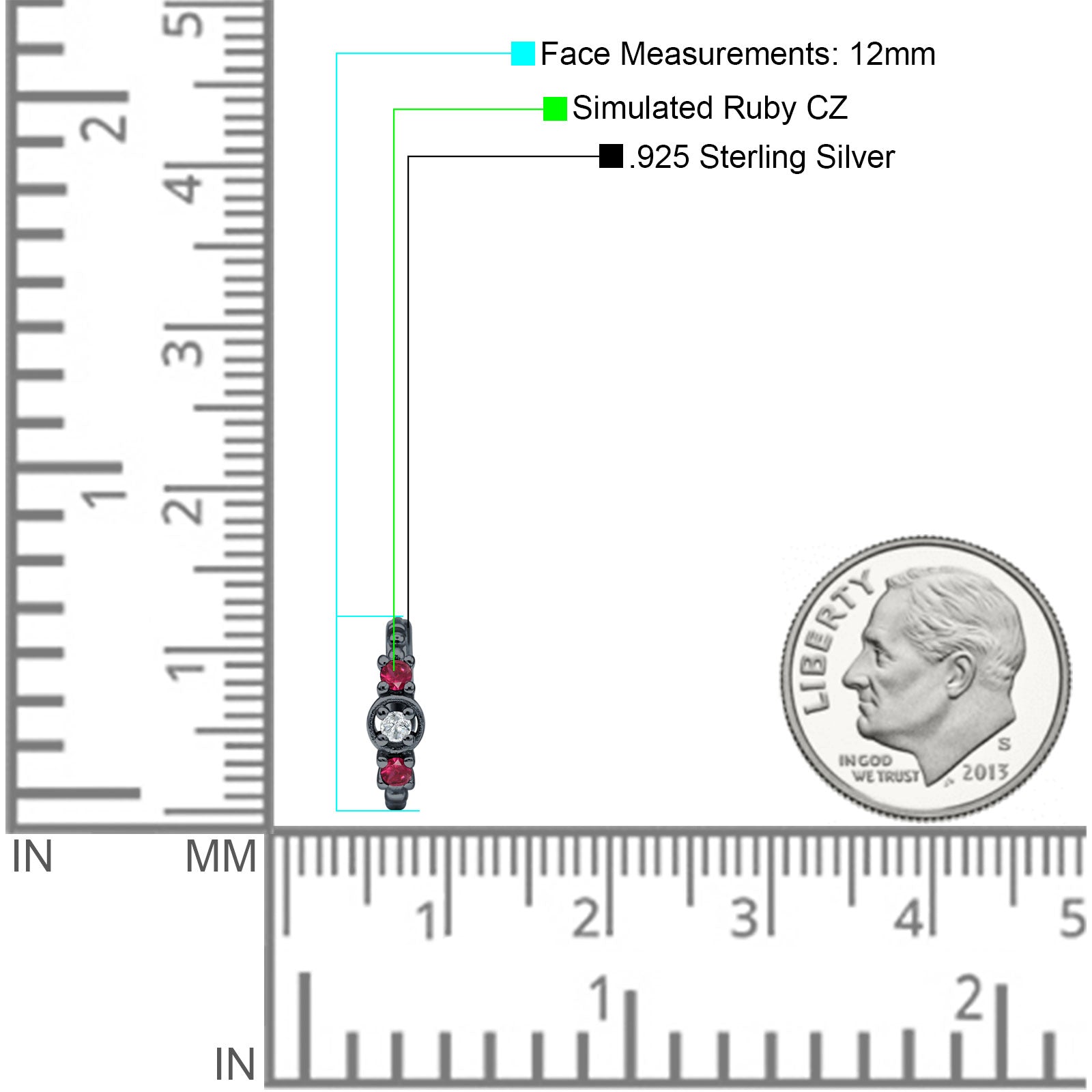 Minimalist 12mm Round CZ & Ruby CZ Trio Hoop Earrings 925 Sterling Silver