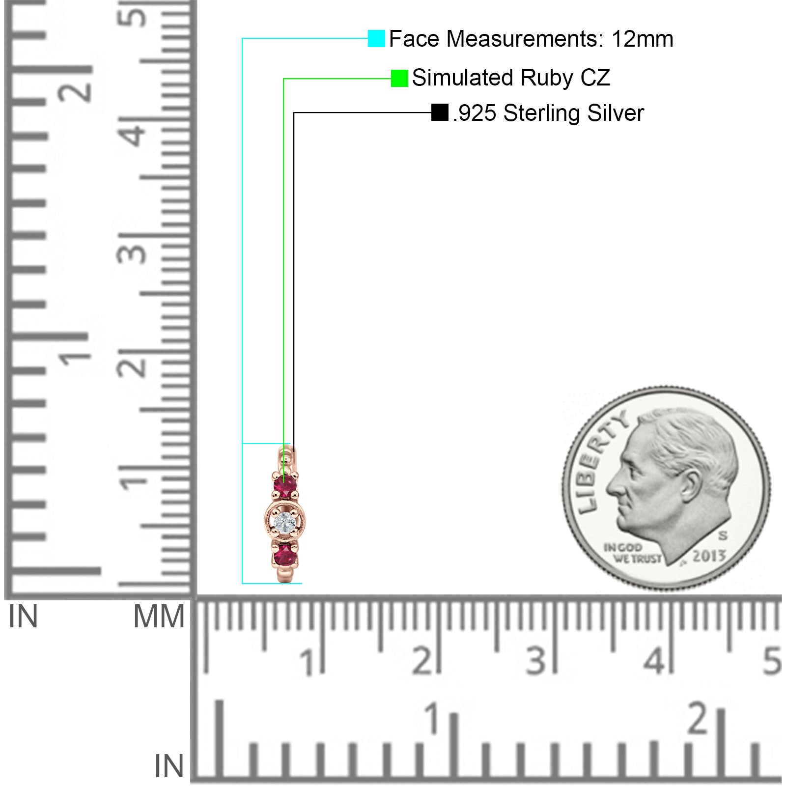 Minimalist 12mm Round CZ & Ruby CZ Trio Hoop Earrings 925 Sterling Silver