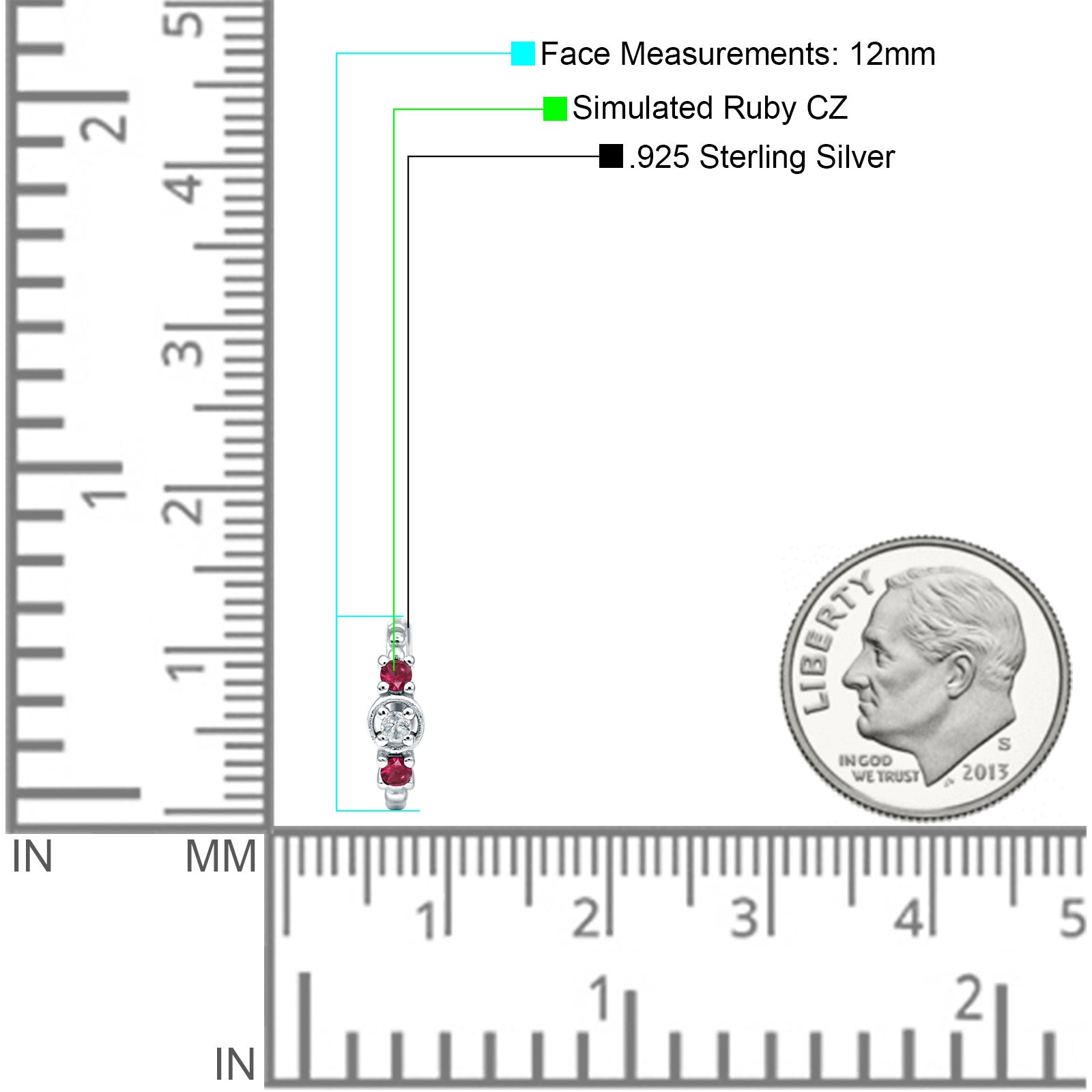 Minimalist 12mm Round CZ & Ruby CZ Trio Hoop Earrings 925 Sterling Silver