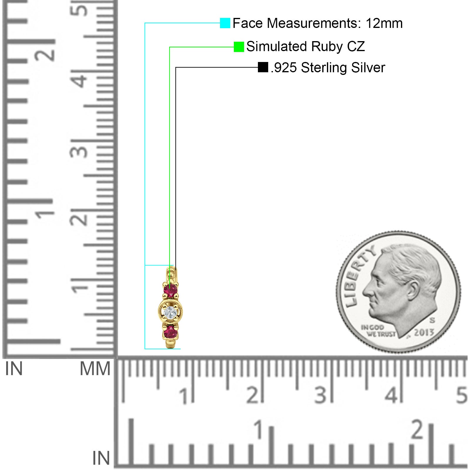 Minimalist 12mm Round CZ & Ruby CZ Trio Hoop Earrings 925 Sterling Silver