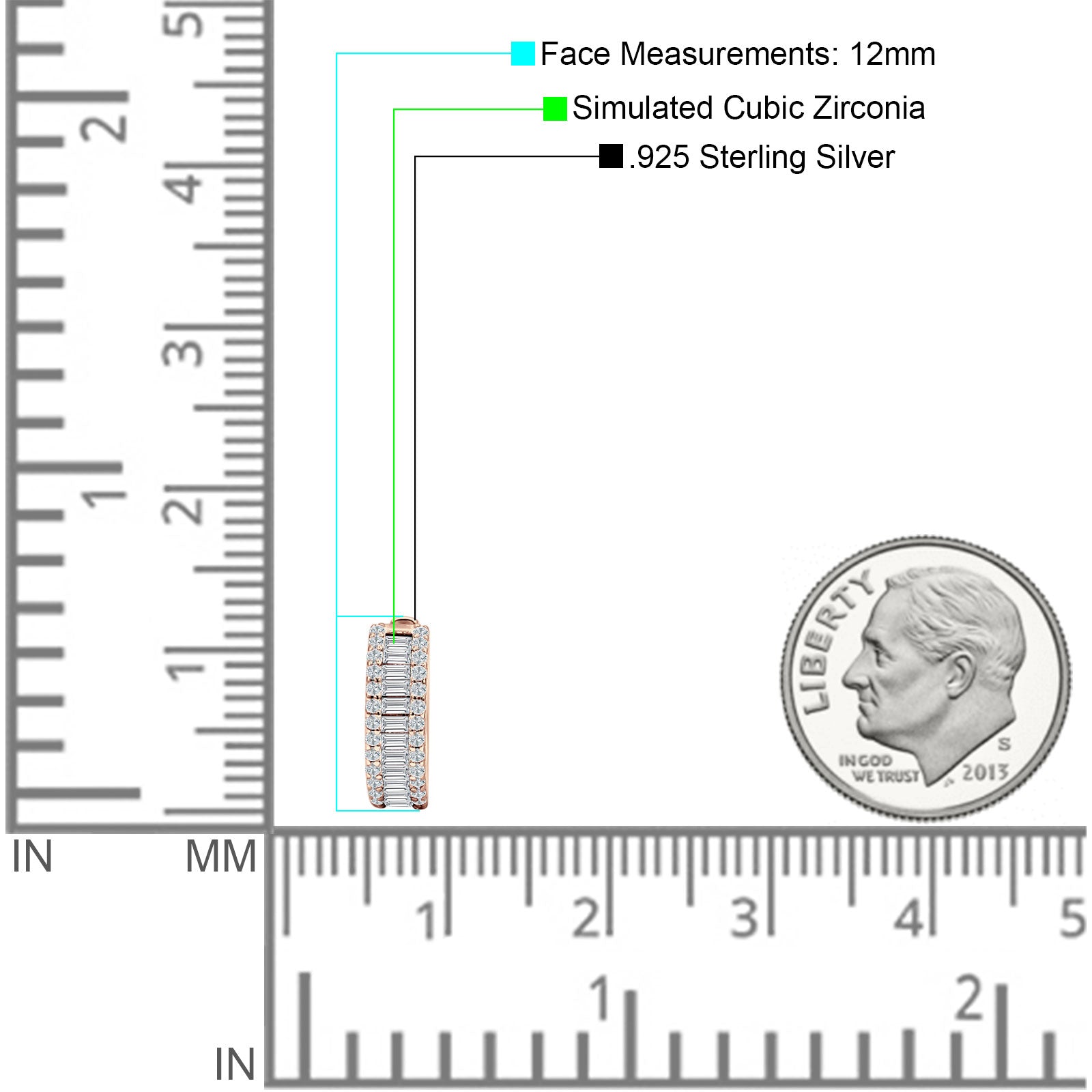 Emerald Cut 12mm Cubic Zirconia Hoop Earrings 925 Sterling Silver