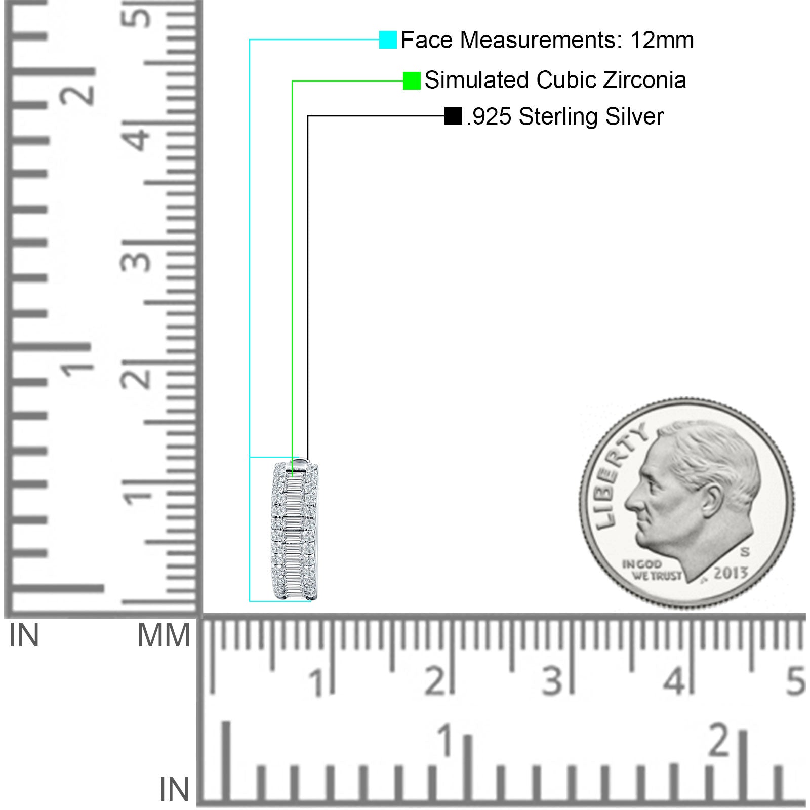 Emerald Cut 12mm Cubic Zirconia Hoop Earrings 925 Sterling Silver