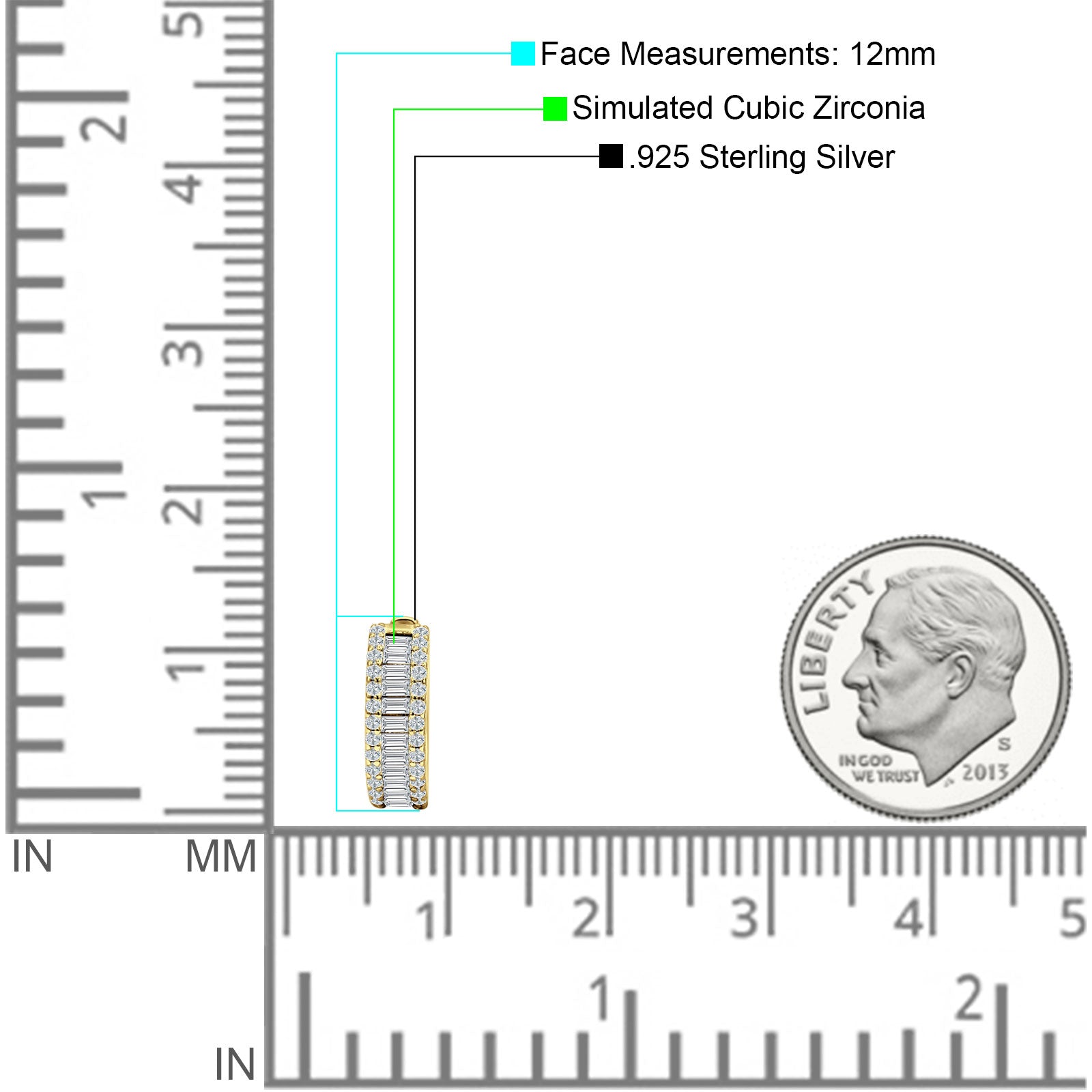 Emerald Cut 12mm Cubic Zirconia Hoop Earrings 925 Sterling Silver